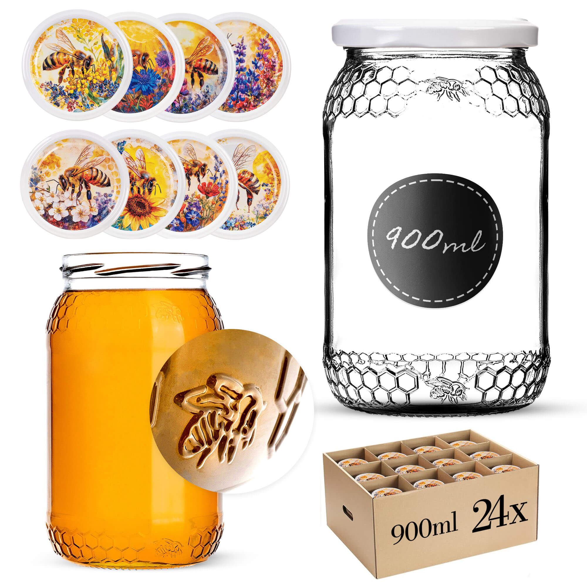 Szklany słój Lierde 900ml 82mm 24 szt. + wieczka "Pszczoła na kwiatach"