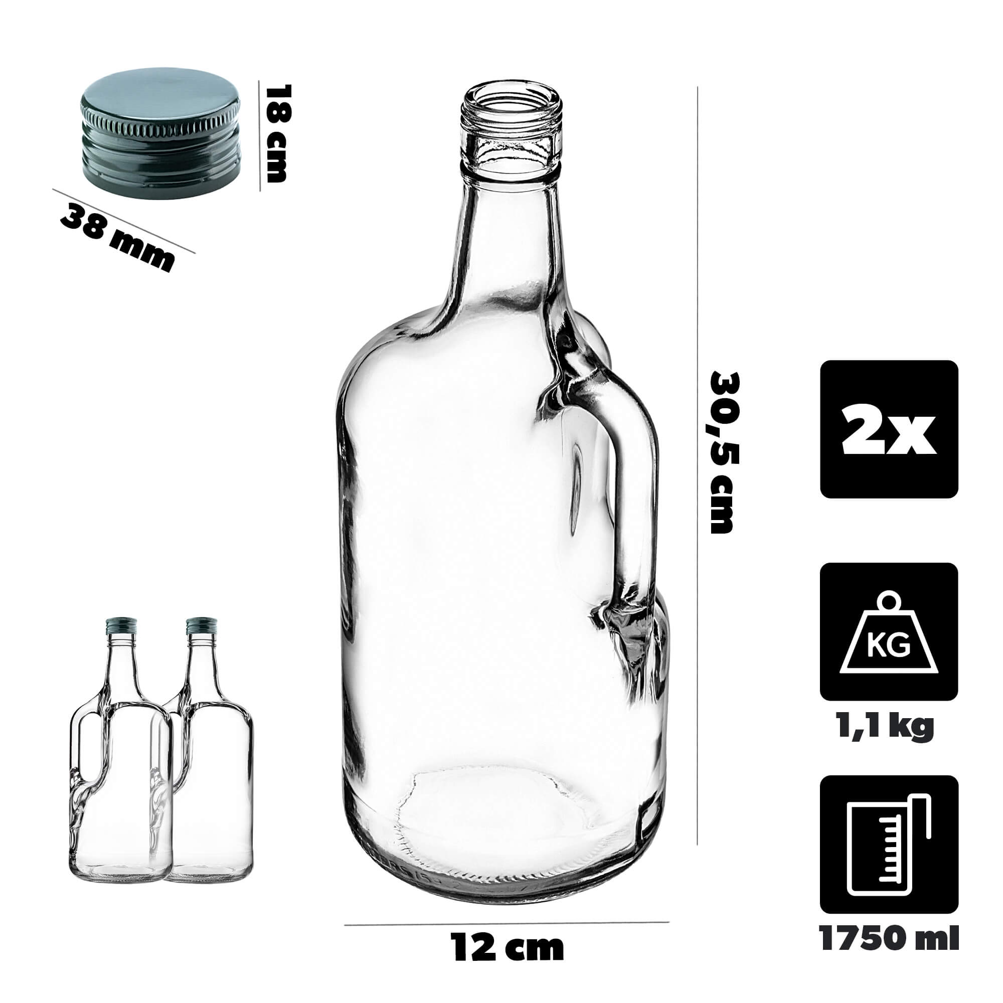 Szklana butelka z uchem Boude 1750ml z zieloną zakrętką 2 szt.