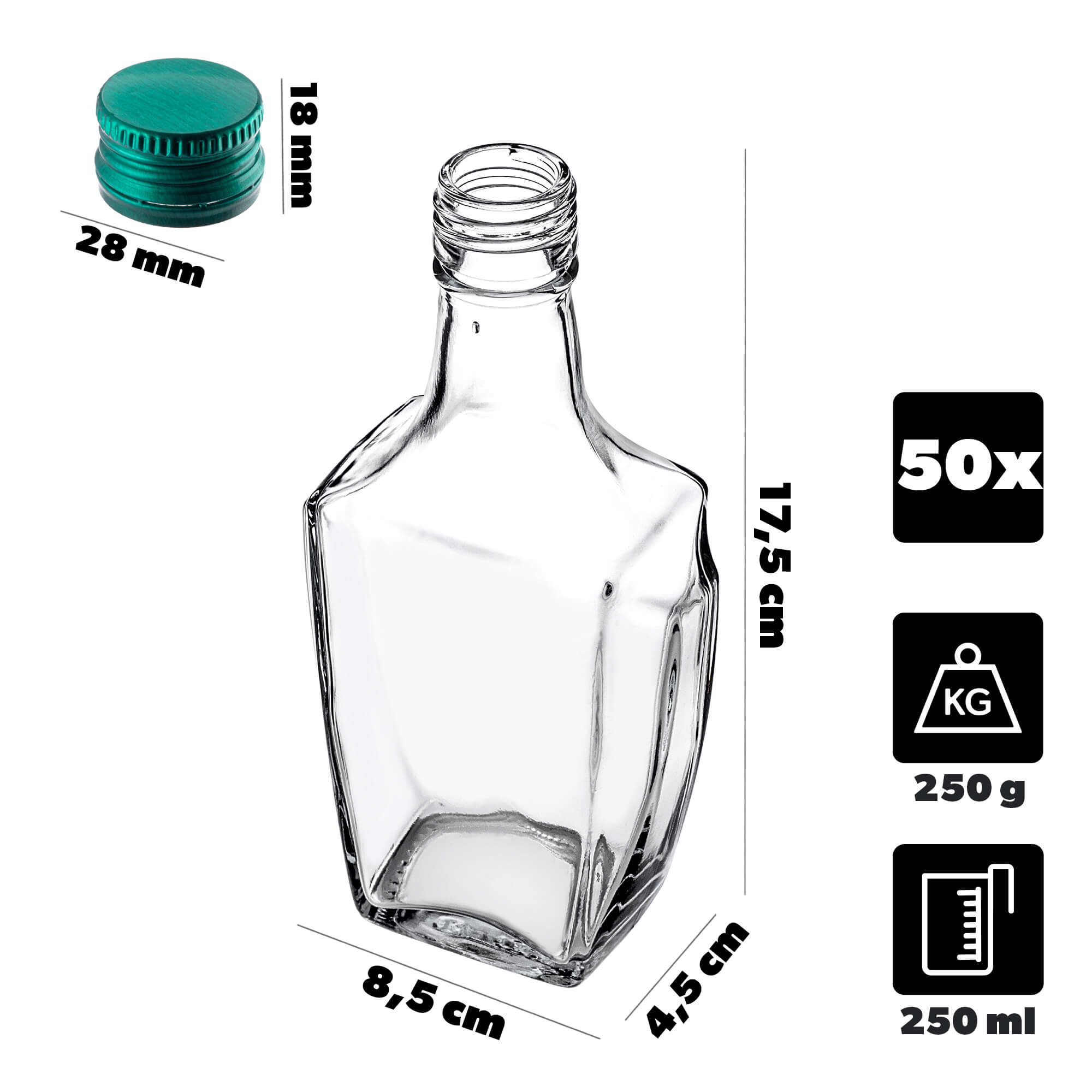 Szklana butelka na nalewkę Faenza 250ml z zieloną zakrętką 50 szt.