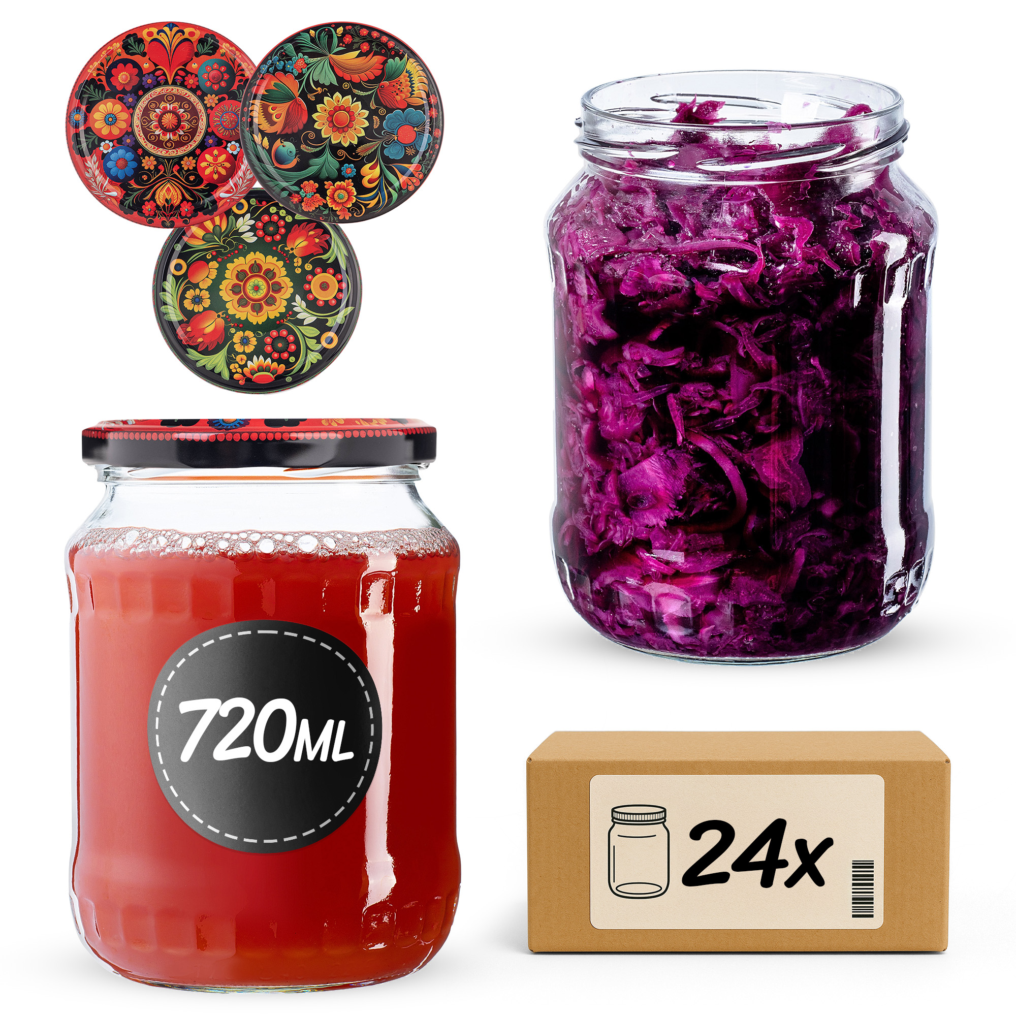 Słoiki na przetwory Jukka 720ml fi82mm 24szt + wieczko Haftowanka
