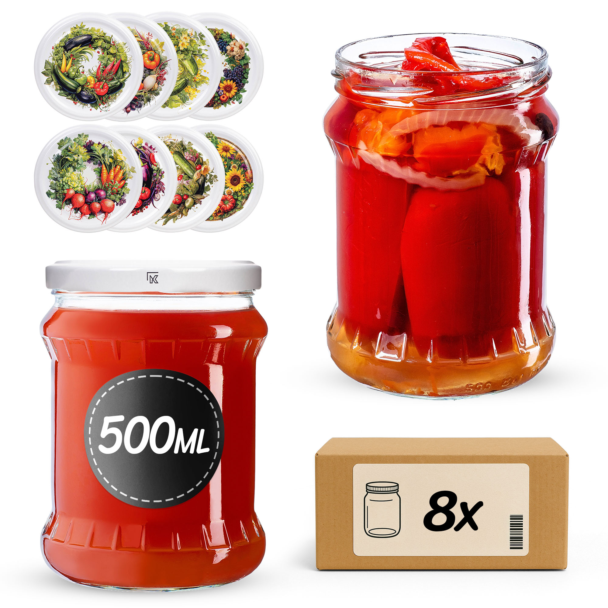 Słoiki na przetwory Kisko 500ml fi82mm 8szt + wieczko Garden wreath