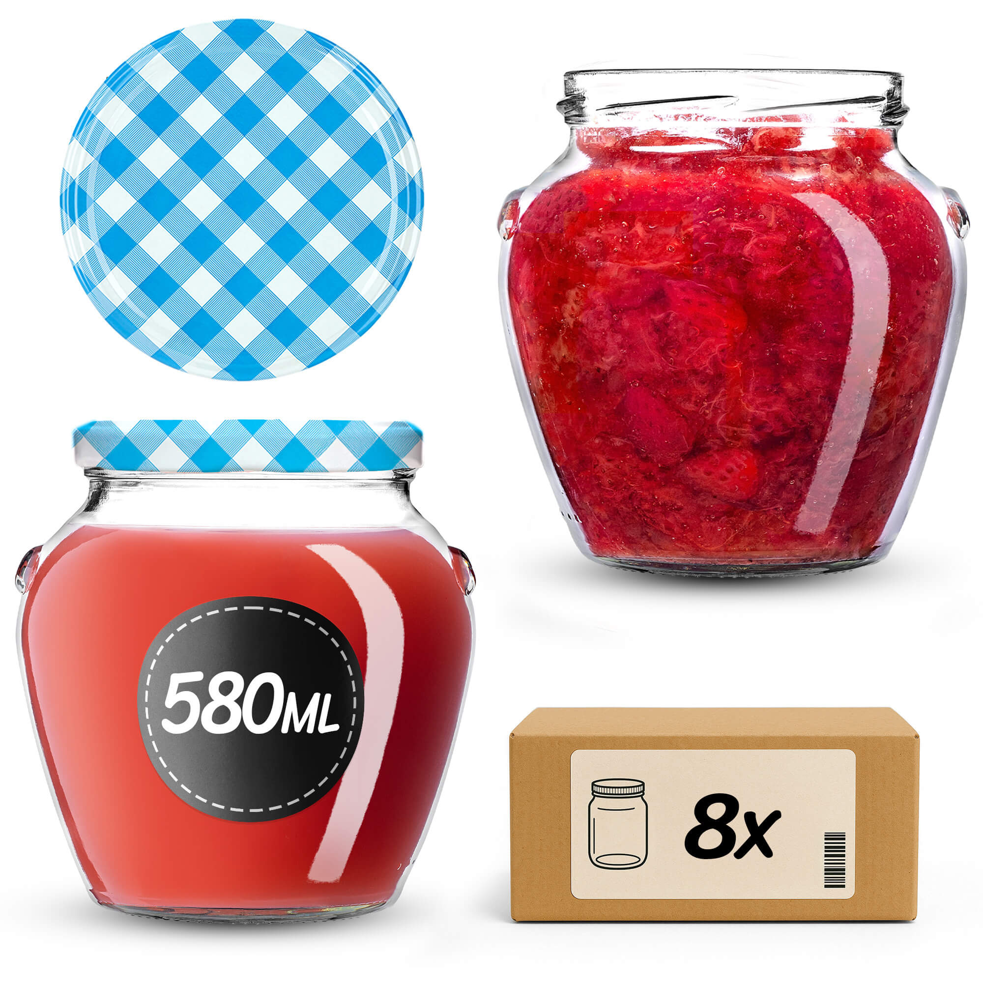 Słoiki na przetwory Sassa 580ml 8szt 82mm + wieczka "Niebieska krata"