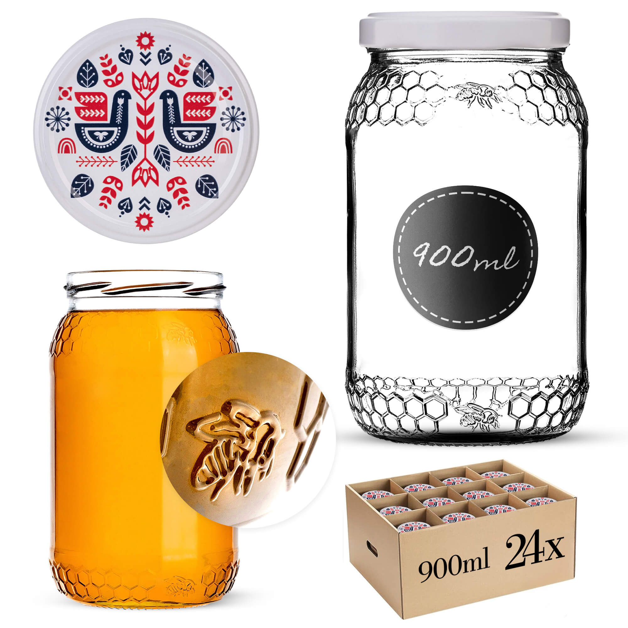Szklany słój Lierde 900ml 82mm 24 szt. + wieczka "Kurpie"