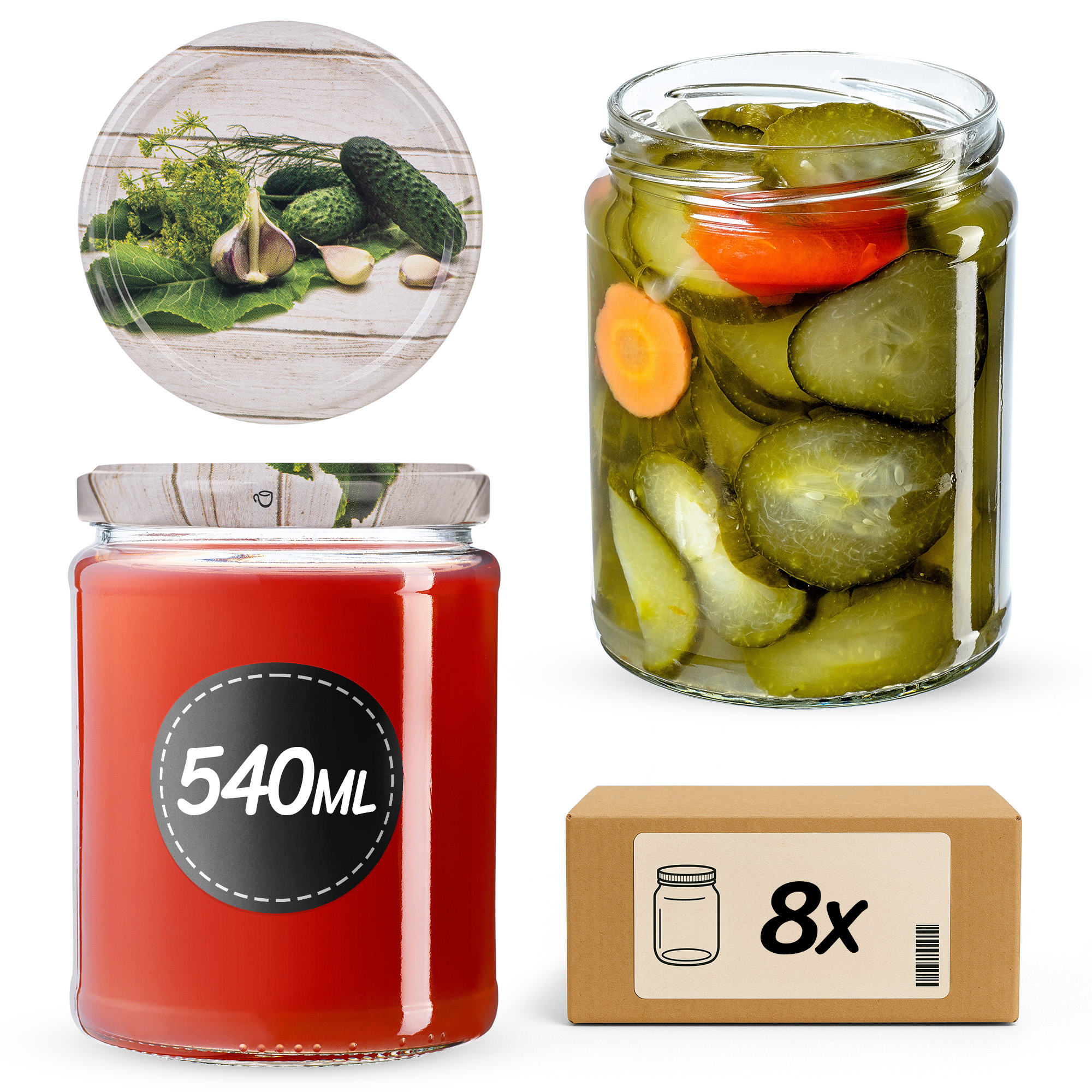 Słoiki na przetwory Maki 540ml fi82mm 8szt + wieczko Ogórek