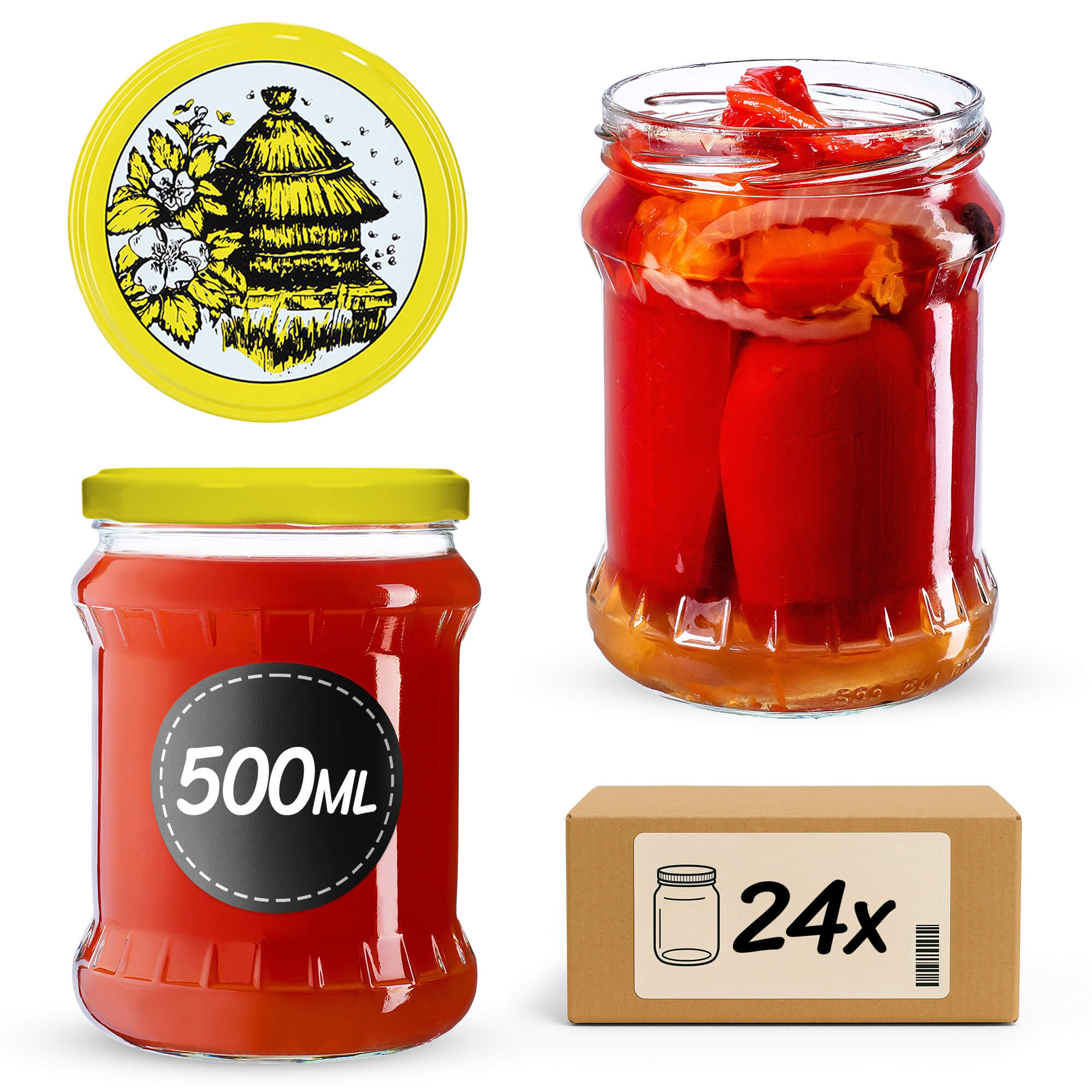 Słoiki na przetwory Kisko 500ml 24szt 82mm + wieczka "Pszczoły"