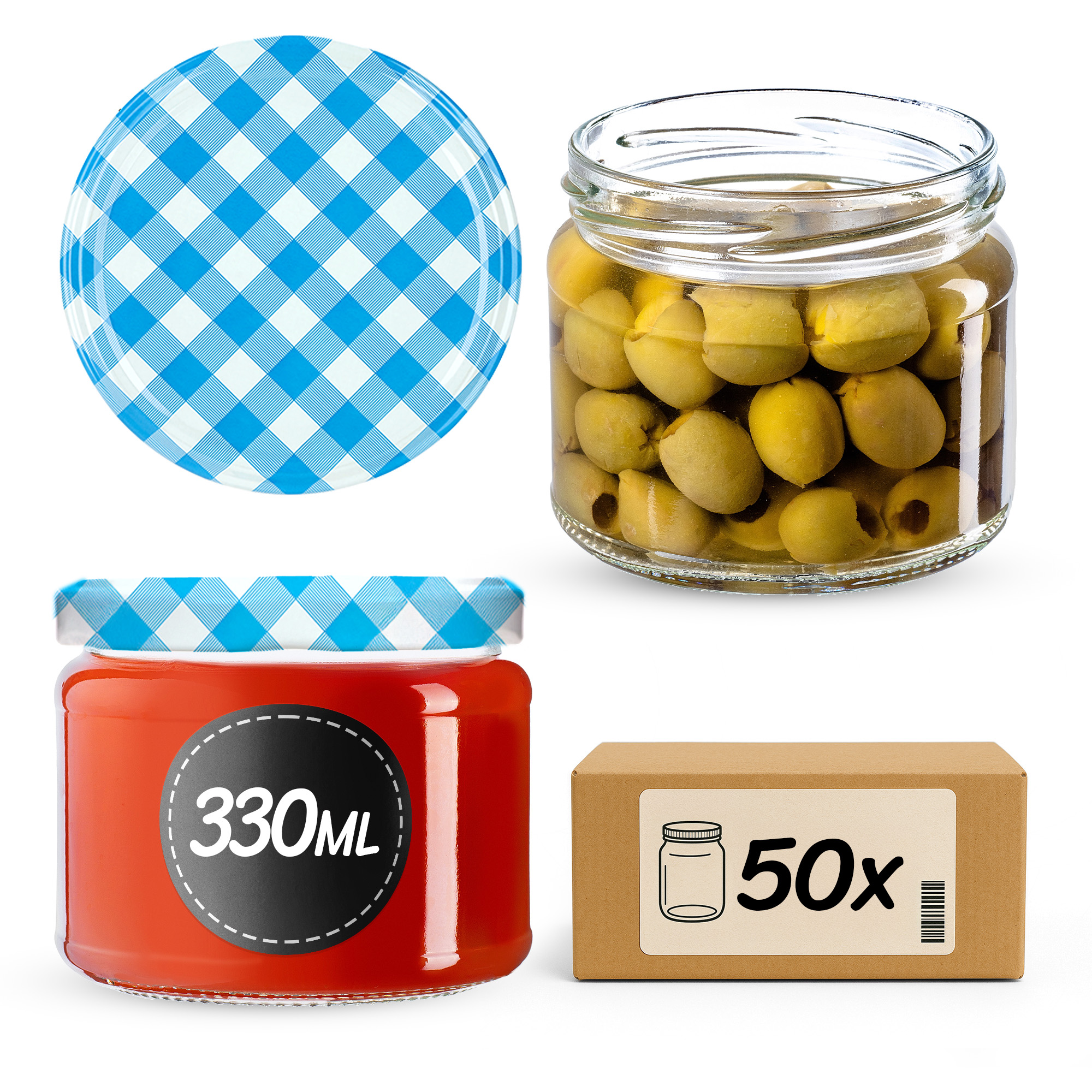 Słoiki na przetwory Sonka 330ml 50szt 82mm + wieczka "Niebieska Krata"