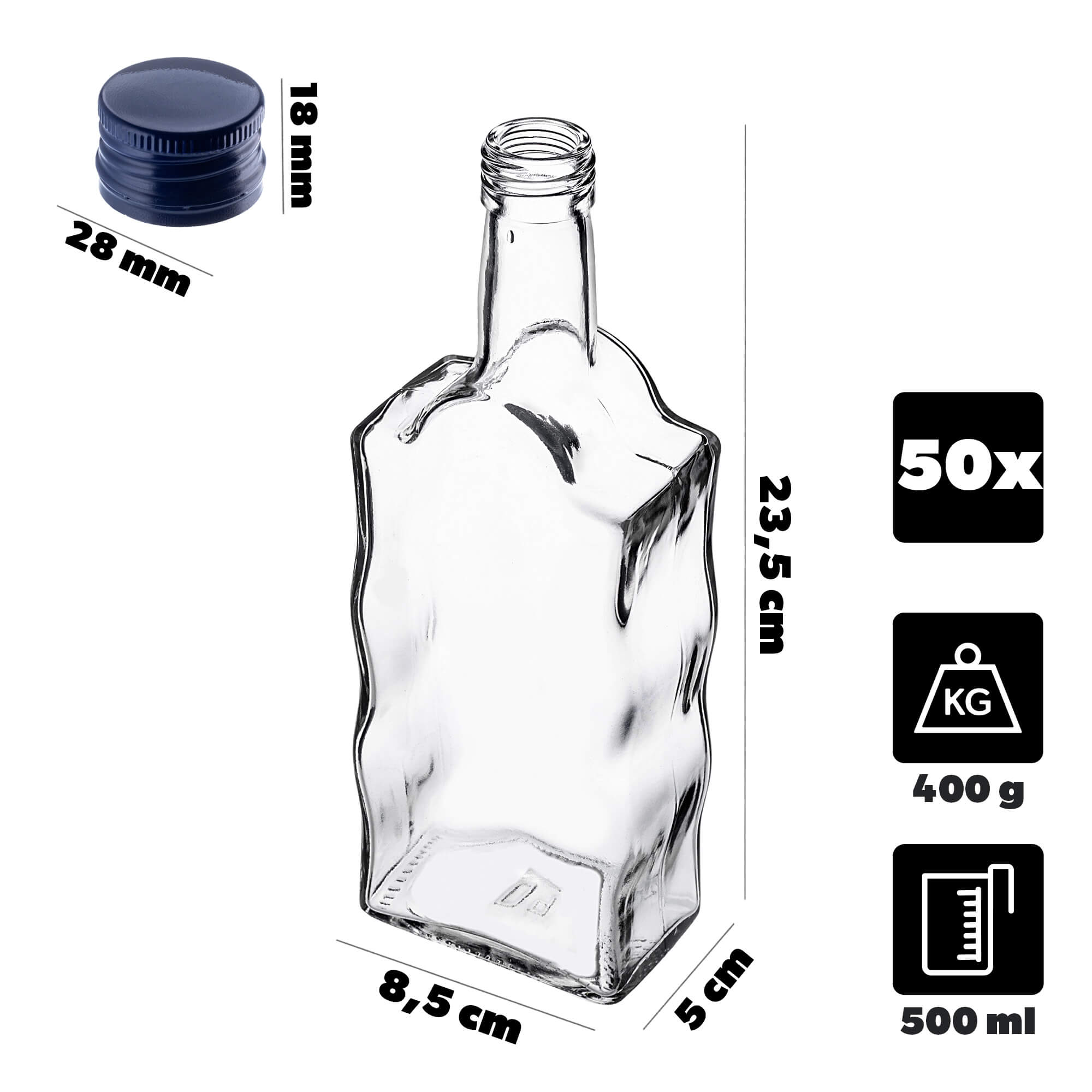 Szklana butelka na nalewkę Fala 500ml z granatową zakrętką 50 szt.