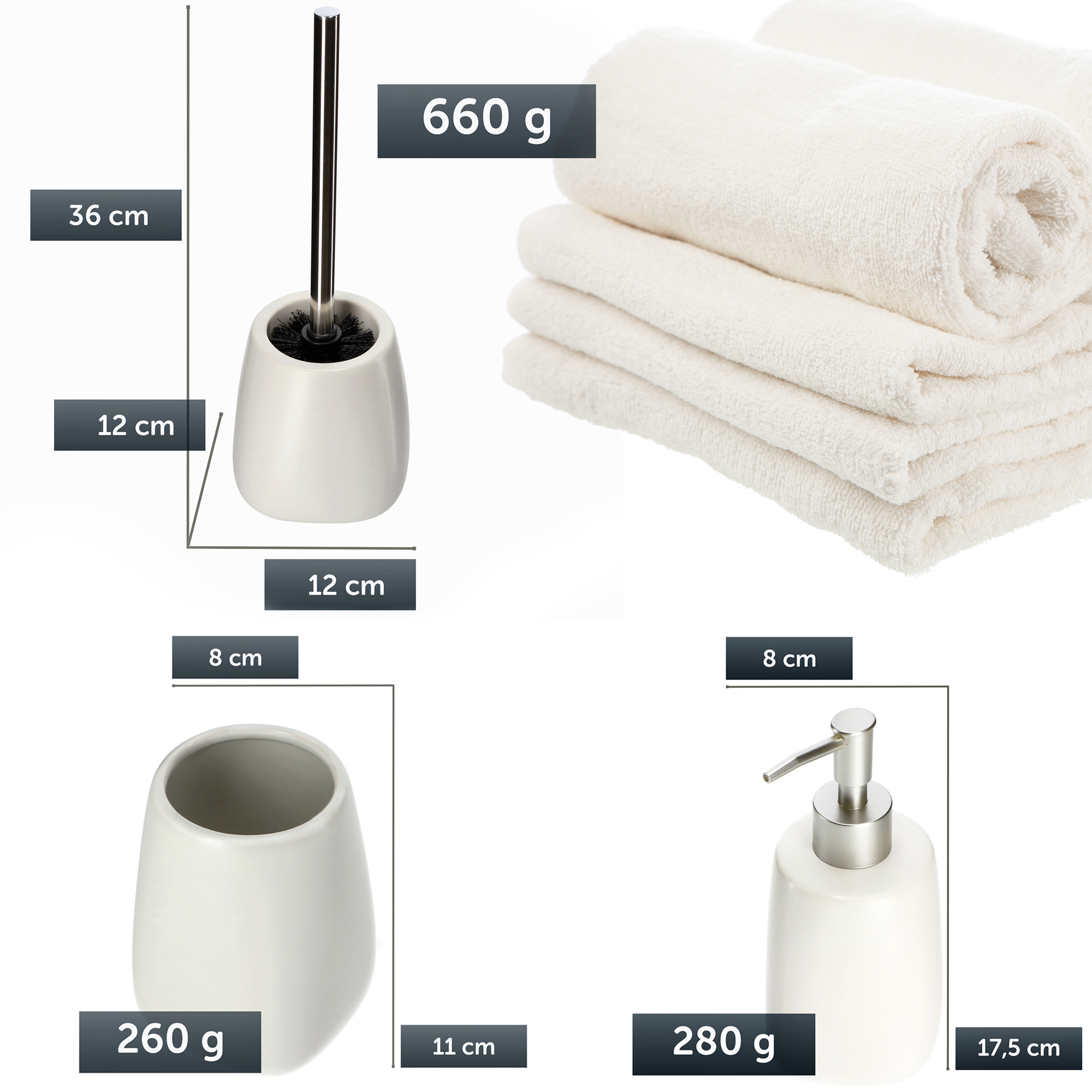 Zestaw łazienkowy szczotka WC + kubek + dozownik, biały