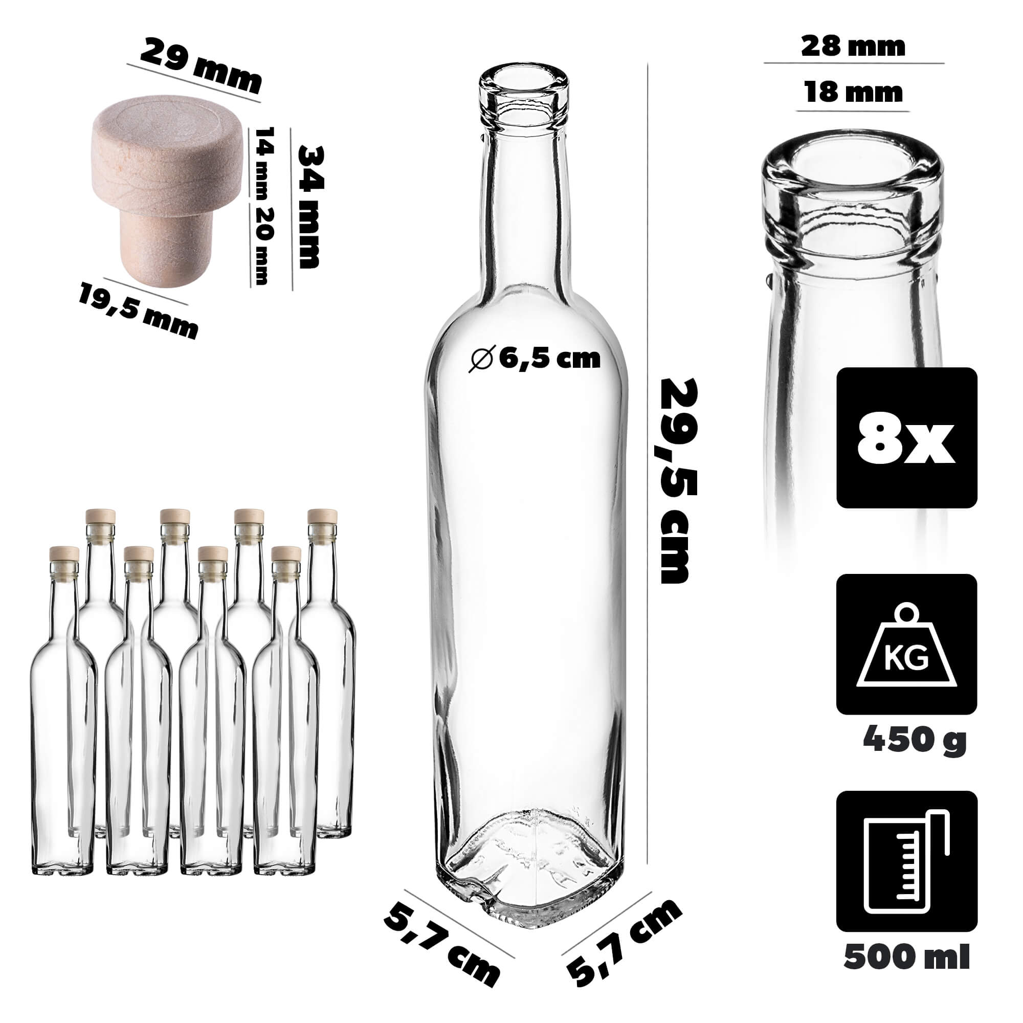 Butelka z korkiem Lataro 0,5L z korkiem fi19, 8 szt.