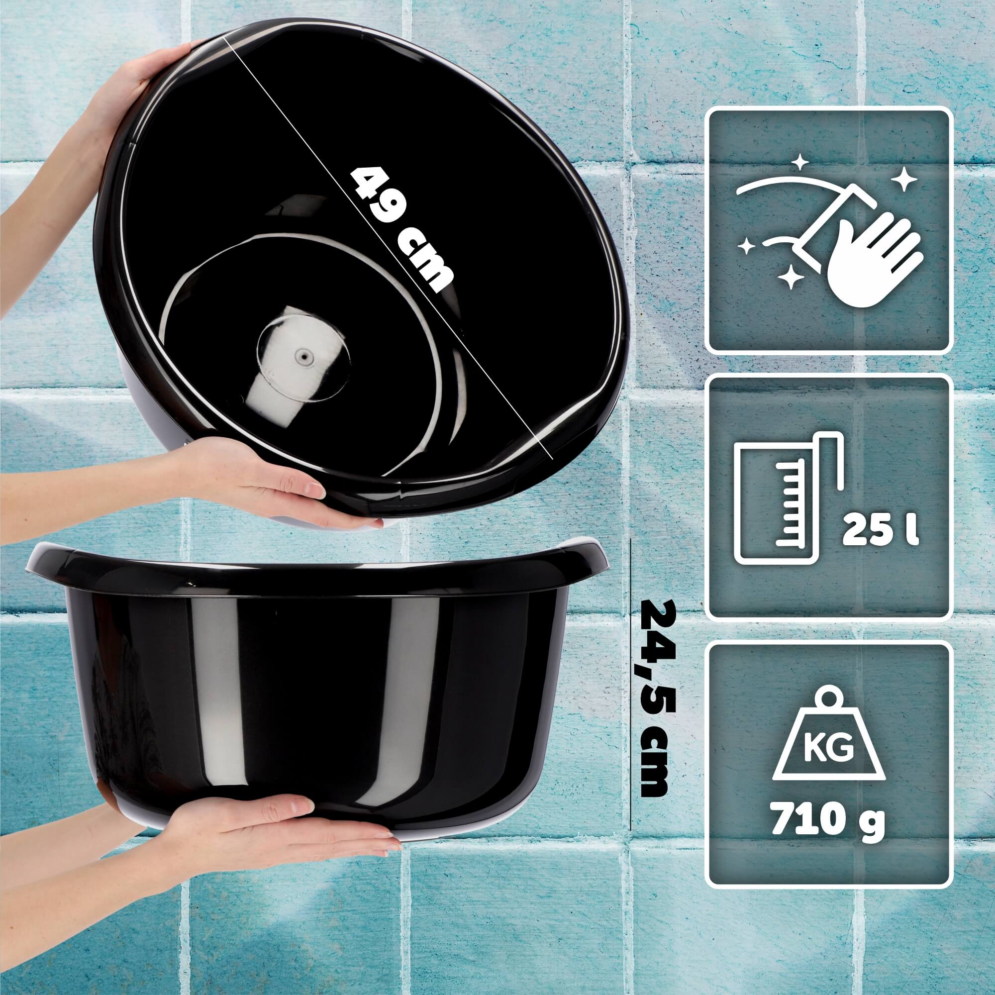 Miednica plastikowa z uchwytami 25L, czarna