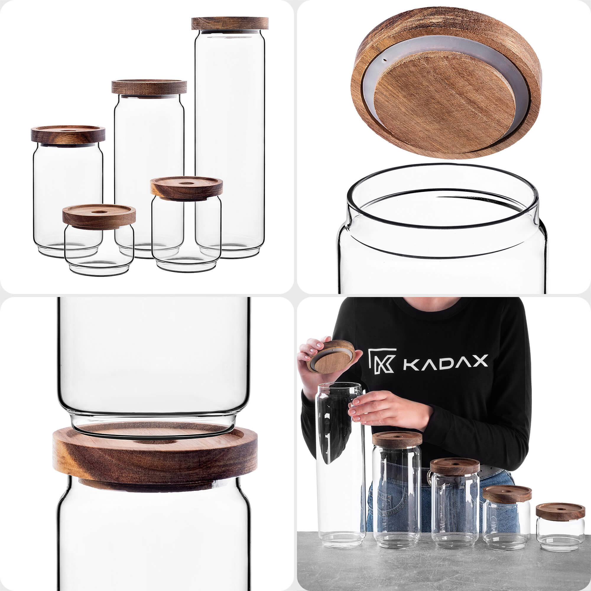 Zestaw pojemników szklanych na żywność Rucce z drewnianą pokrywką 250ml+450ml+750ml+950ml+1550ml