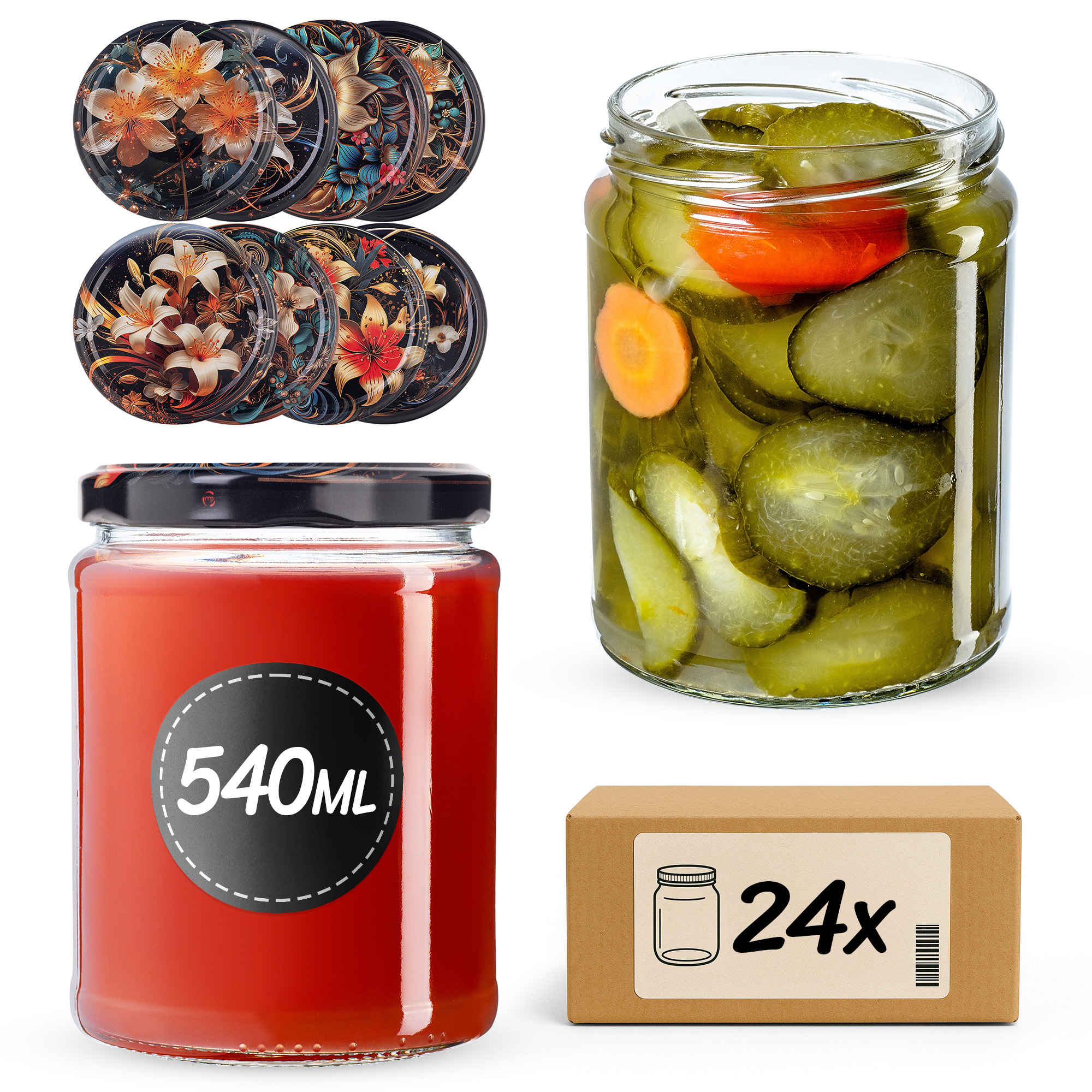 Słoiki na przetwory Maki 540ml fi82mm 24szt + wieczko Kwiaty