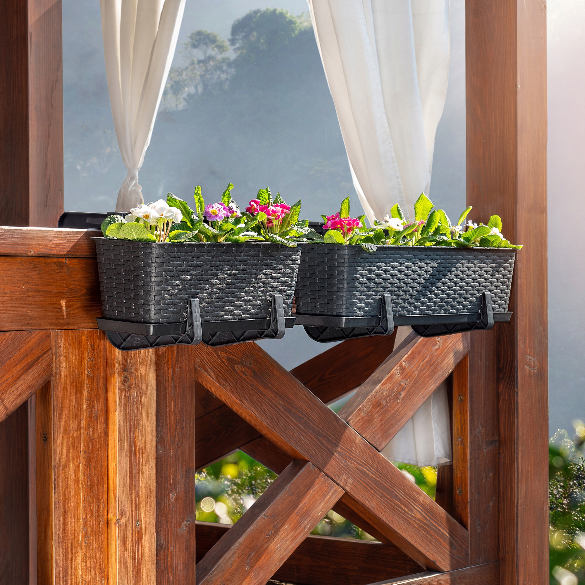 Doniczka balkonowa rattanowa z podstawką Frette 40 + 60 cm + uchwyty, antracyt