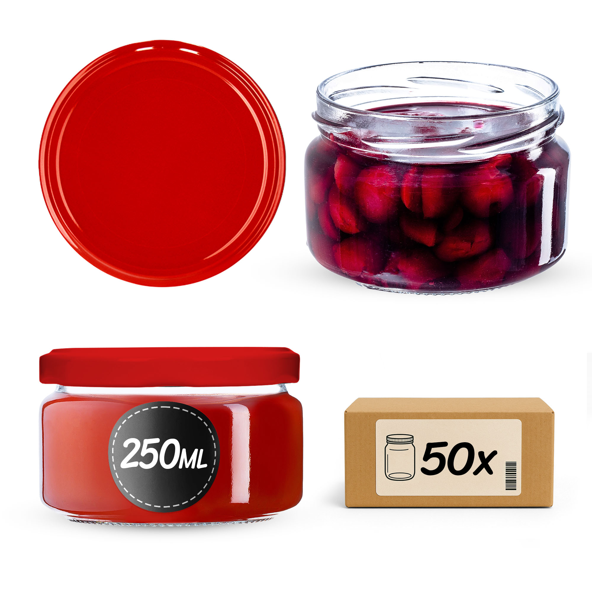 Słoiki na przetwory Denia 250ml 50szt 82mm + wieczko czerwone