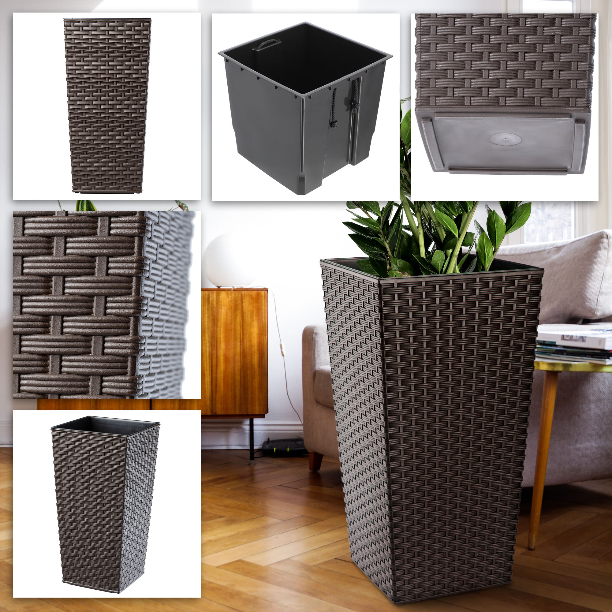 Donice na kwiaty z wkładem Pesaro rattan 25 cm + 30 cm +35 cm, mokka