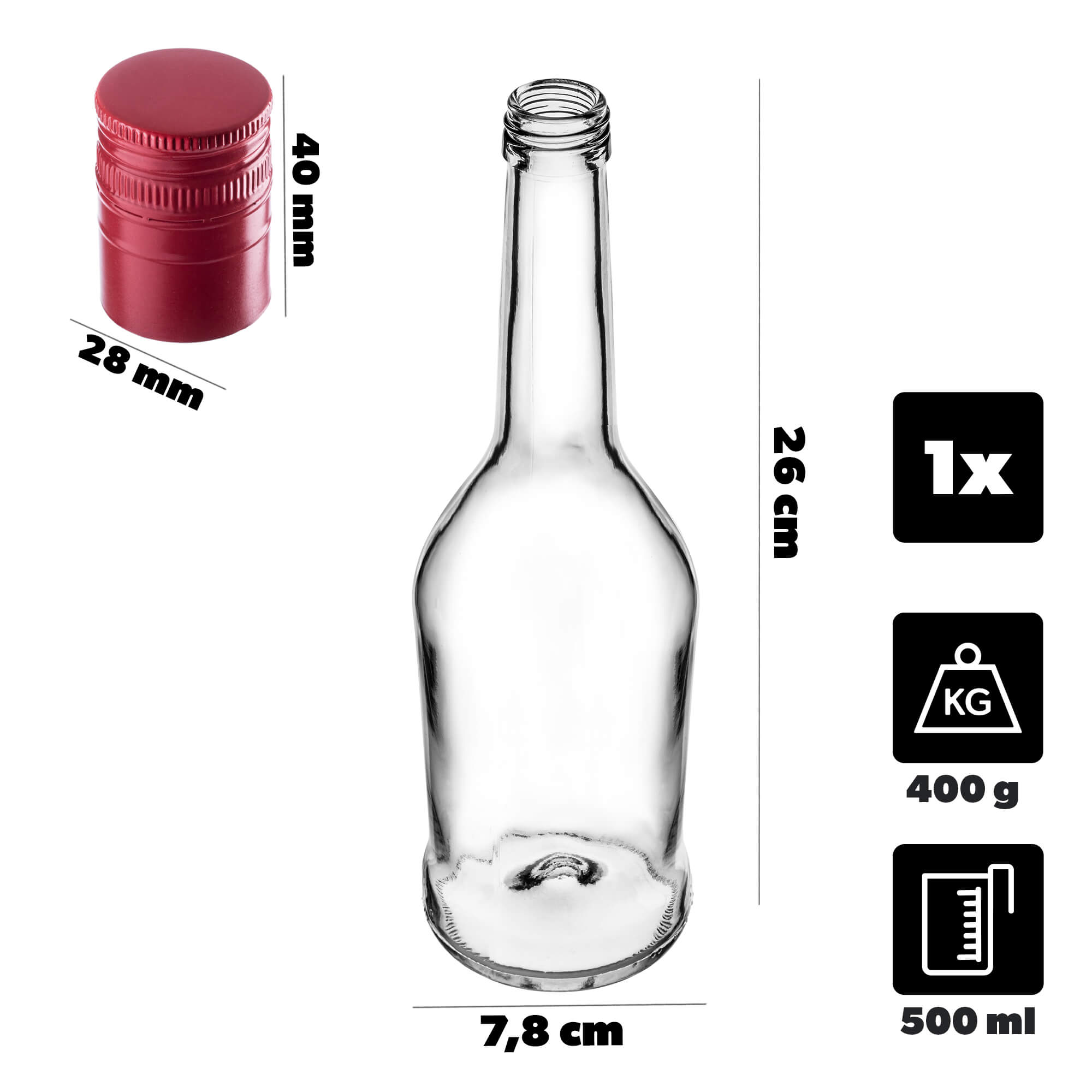 Szklana butelka na nalewkę Loiret 500ml z długą czerwoną zakrętką 1 szt.