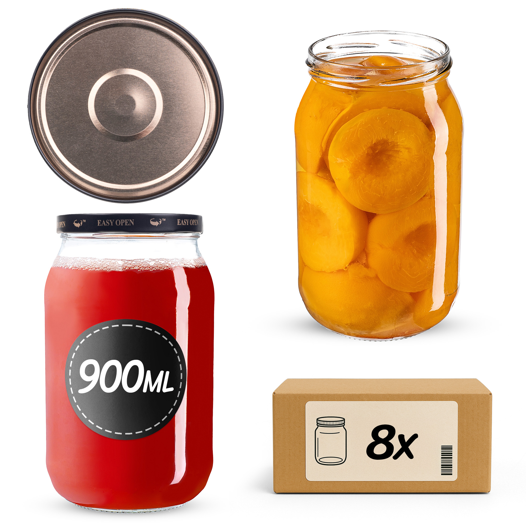 Słoiki na przetwory Simo 900ml fi82mm 8szt + wieczko Czarno złote