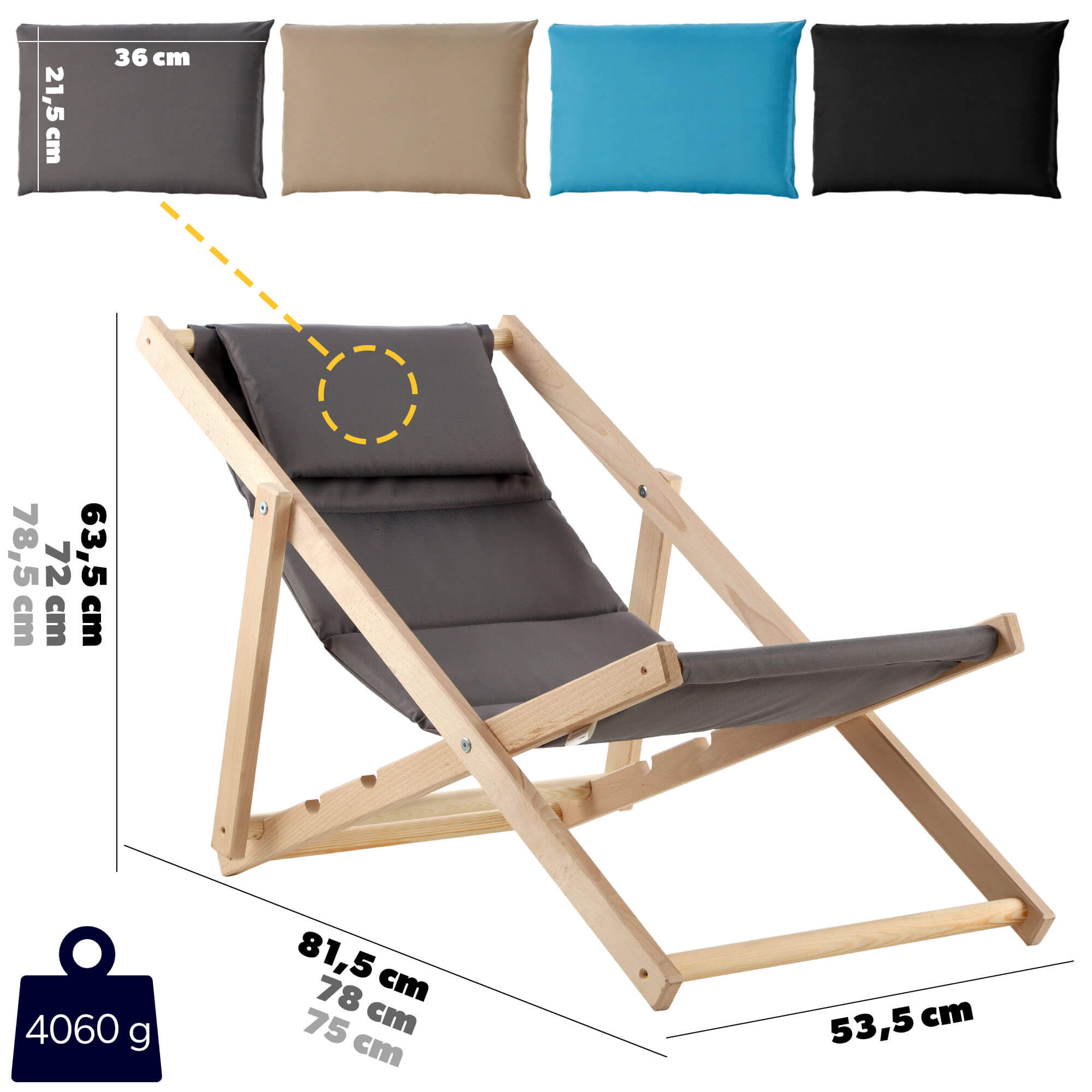 Leżak plażowy z poduszką Troia, szary