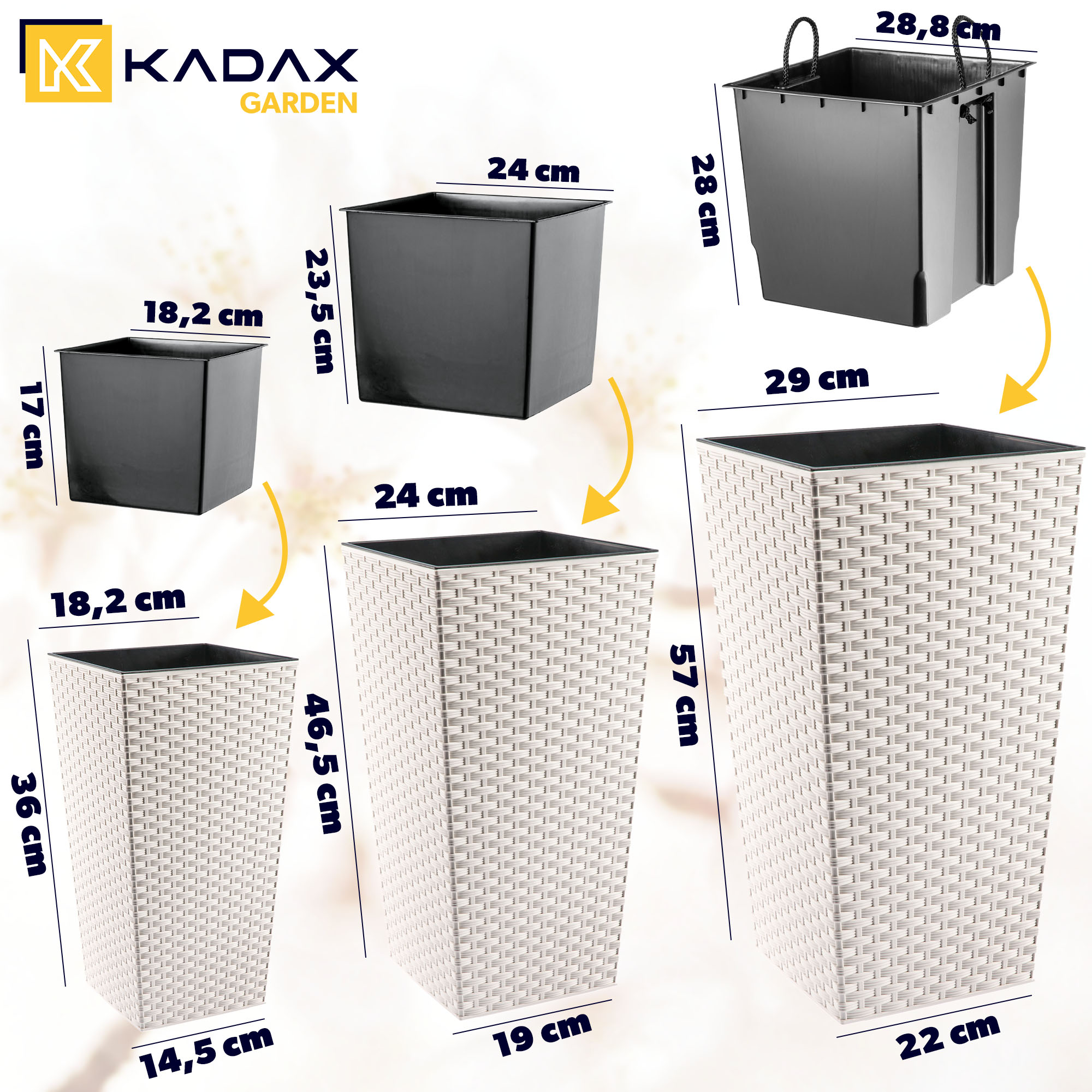 Donice na kwiaty z wkładem Pesaro rattan 19 cm + 25 cm + 30 cm, kremowe