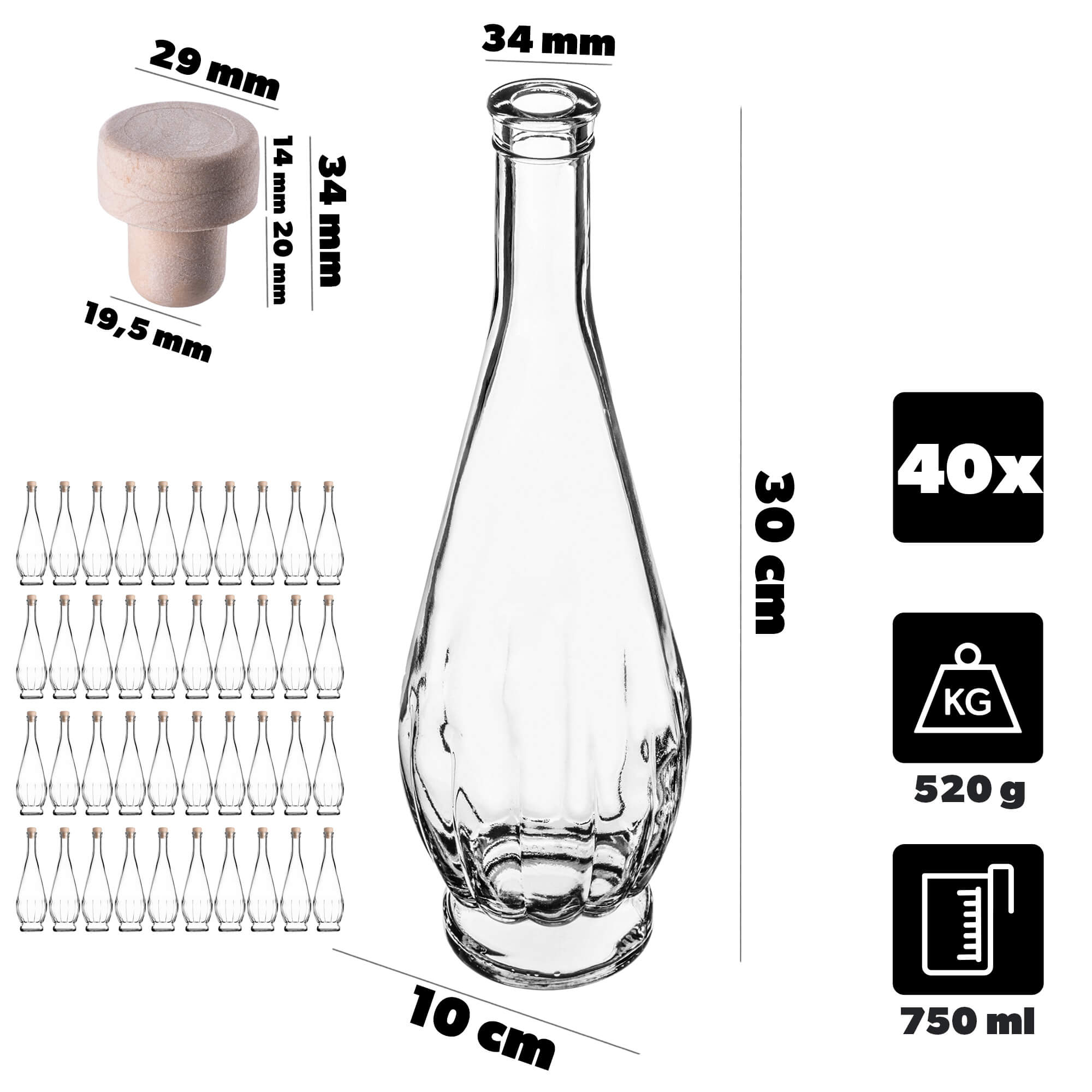 Szklana butelka na nalewkę Cona 750ml z korkiem syntetycznym 40 szt.
