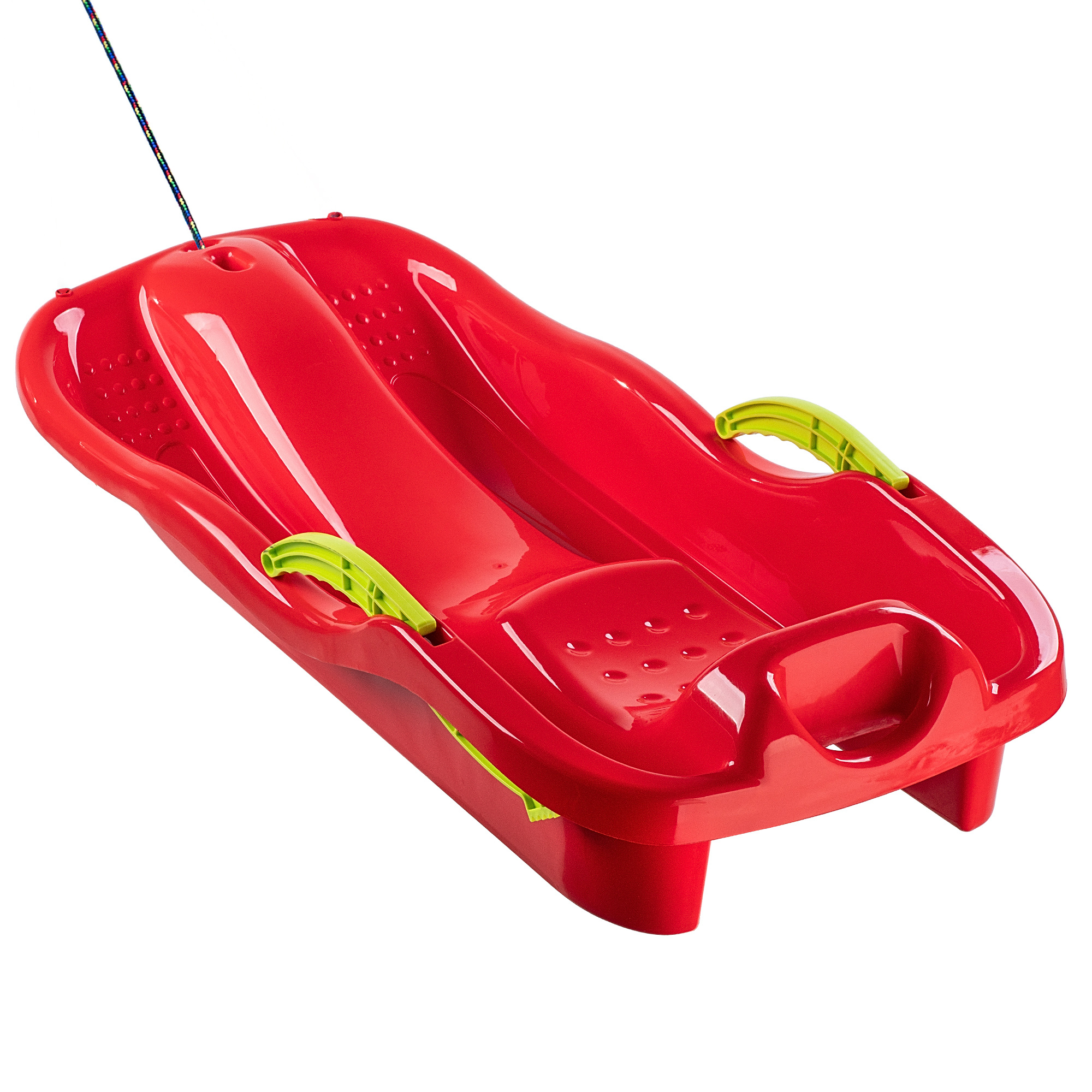 Sanki plastikowe z rączkami, hamulcem i linką, czerwone