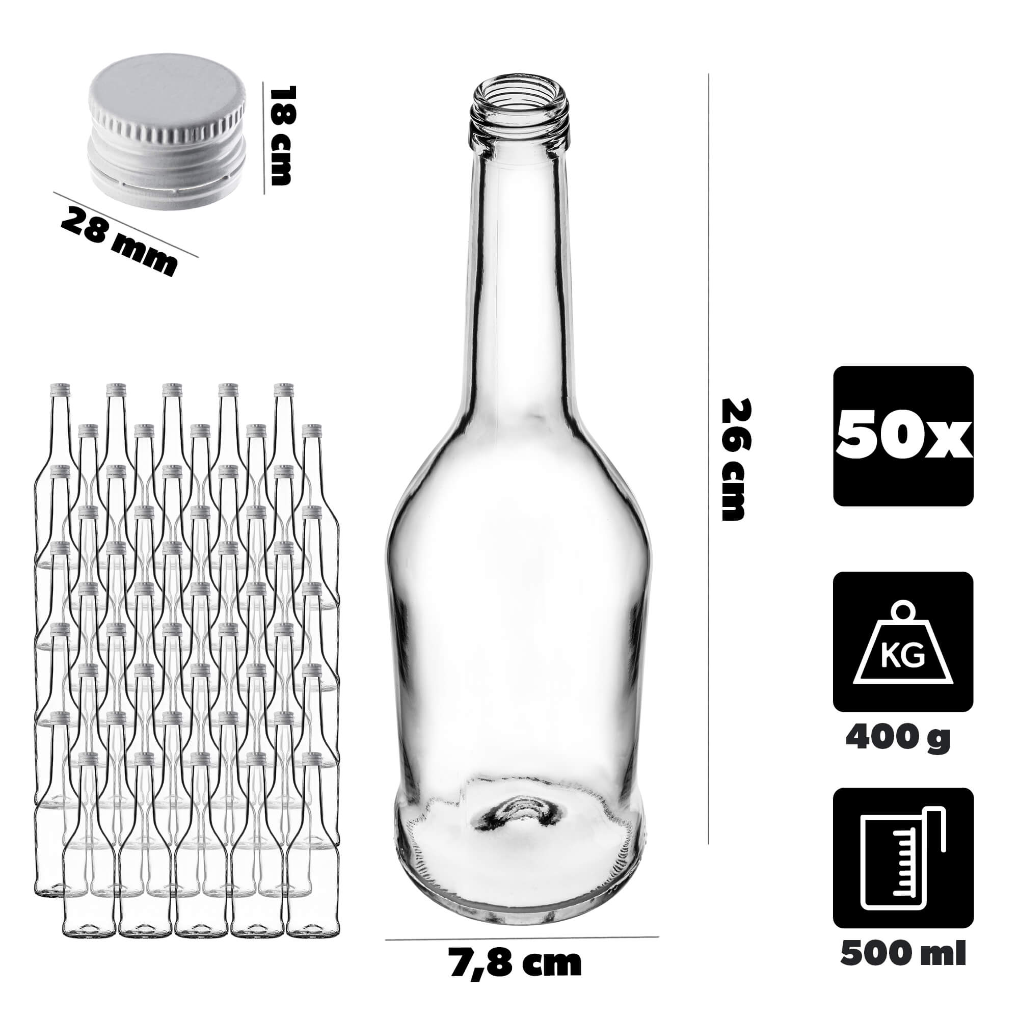 Szklana butelka na nalewkę Loiret 500ml z białą zakrętką 50 szt.