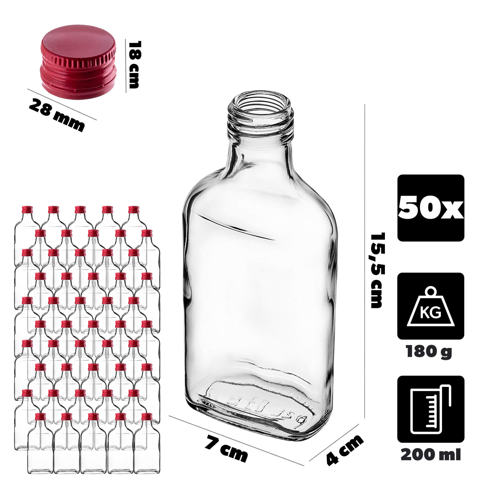 Butelka piersiówka Viane 200ml z czerwoną zakrętką 50 szt.