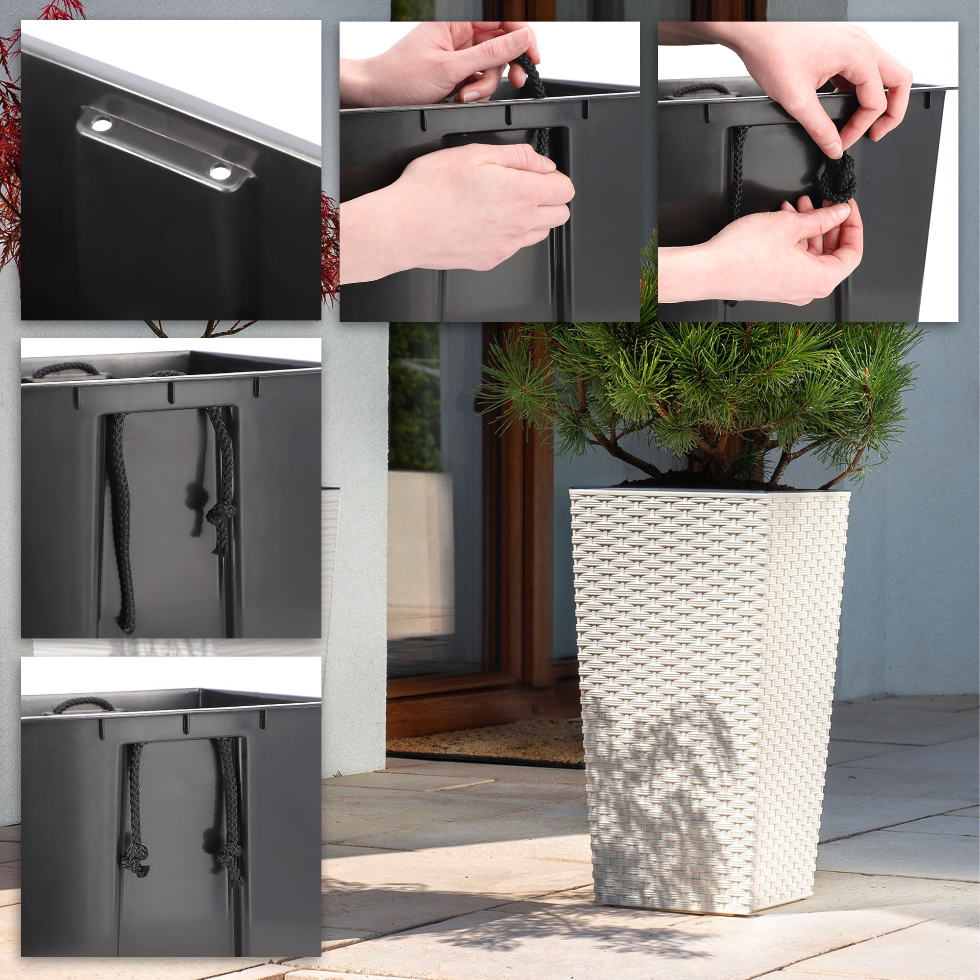 Donice na kwiaty z wkładem Pesaro rattan 19 cm + 25 cm + 30 cm, kremowe