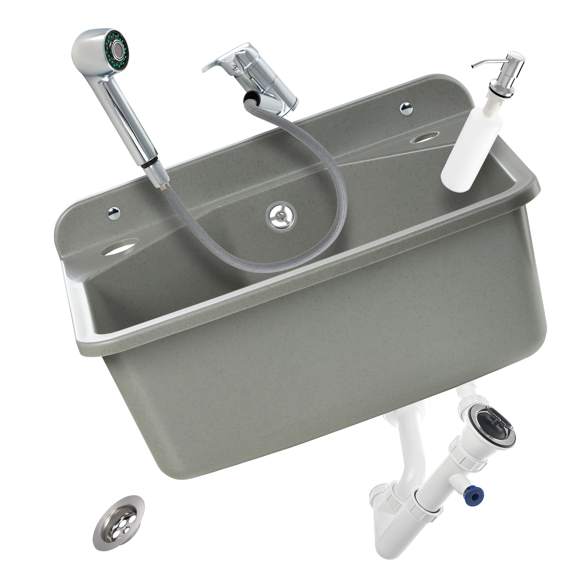 Zlew gospodarczy z wyciąganą baterią i dozownikiem Gospo F, szary