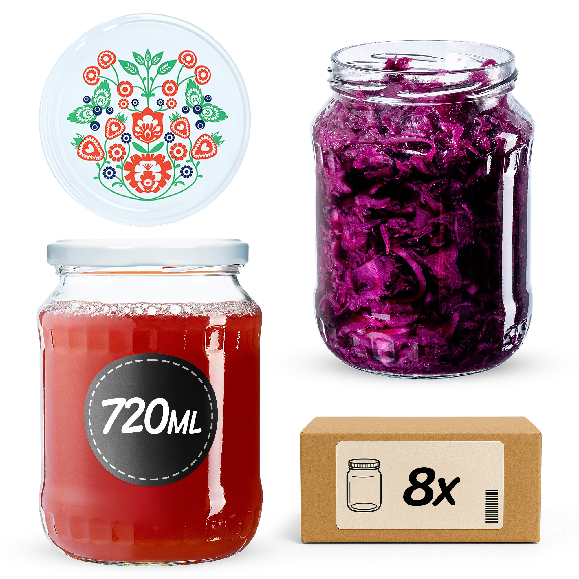 Słoiki na przetwory Jukka 720ml 8szt 82mm + wieczka "Folklor"