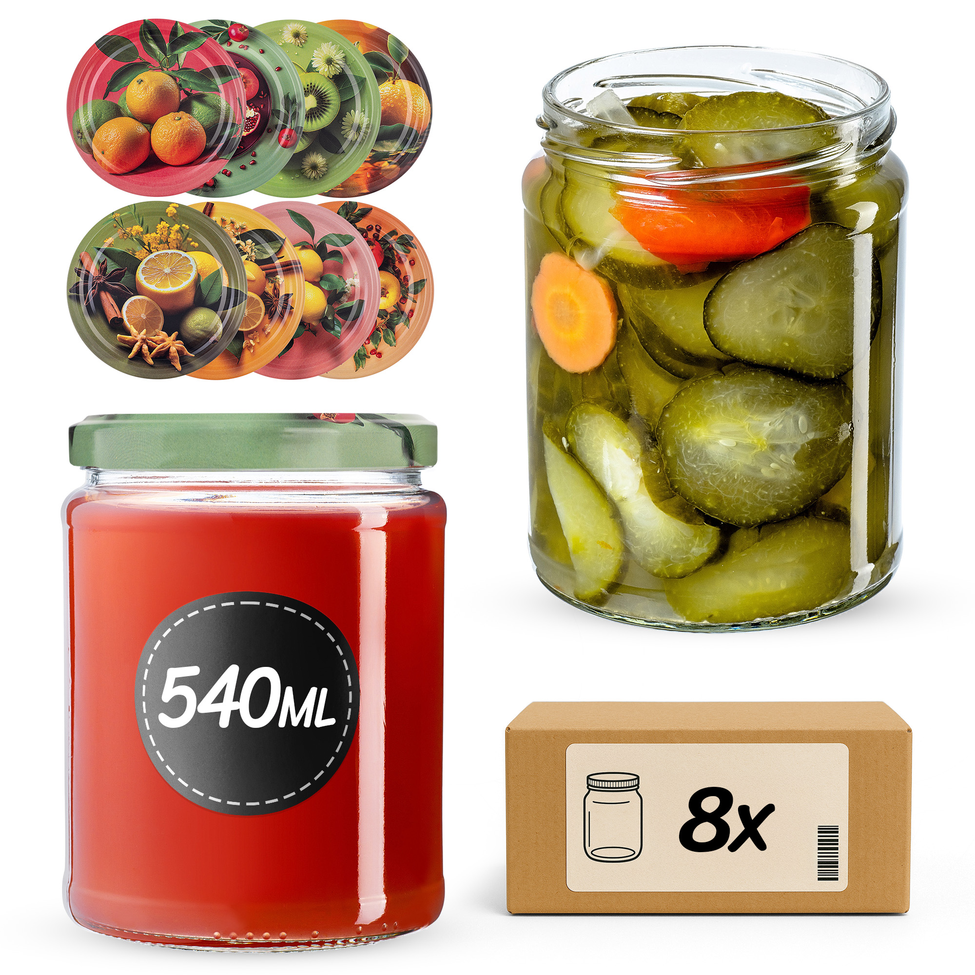 Słoiki na przetwory Maki 540ml fi82mm 8szt + wieczko Egzotyczne owoce