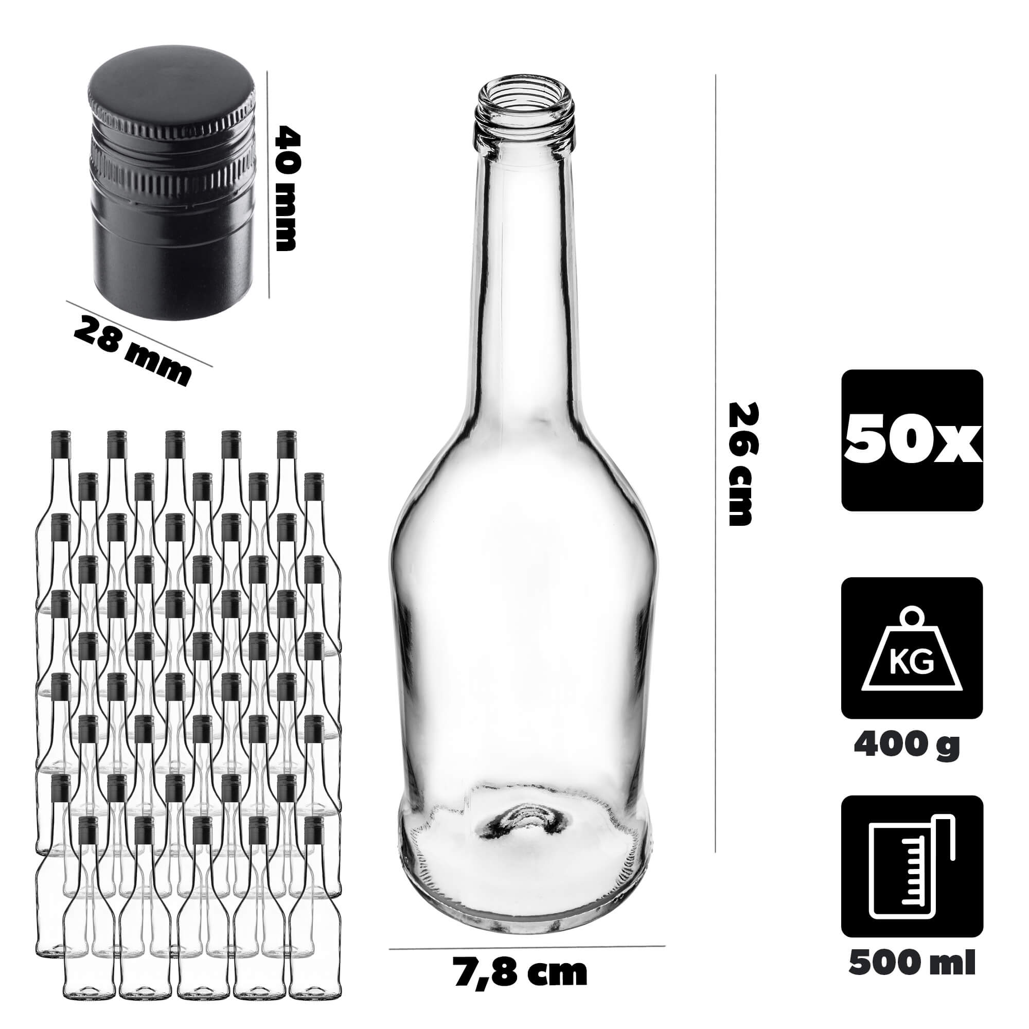 Szklana butelka na nalewkę Loiret 500ml z długą czarną zakrętką 50 szt.