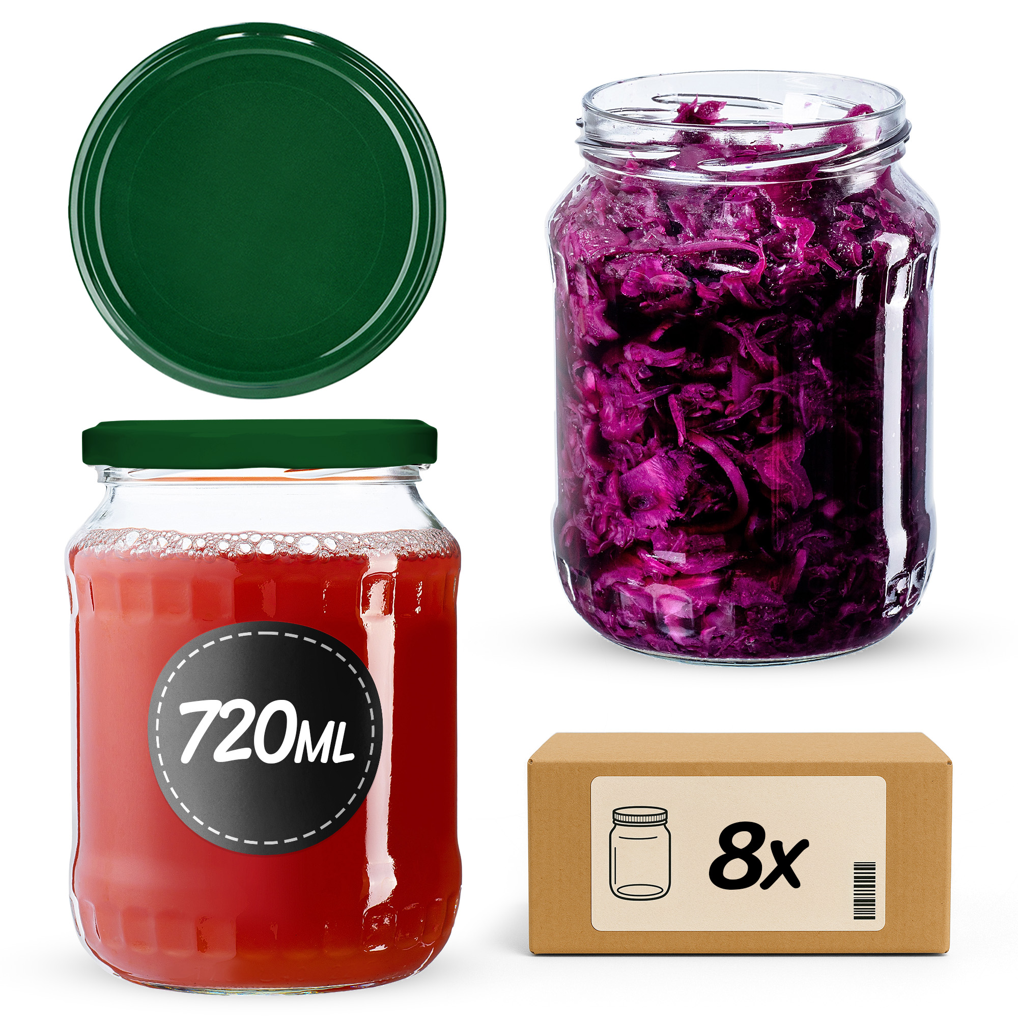 Słoiki na przetwory Jukka 720ml 8szt 82mm + wieczka zielone