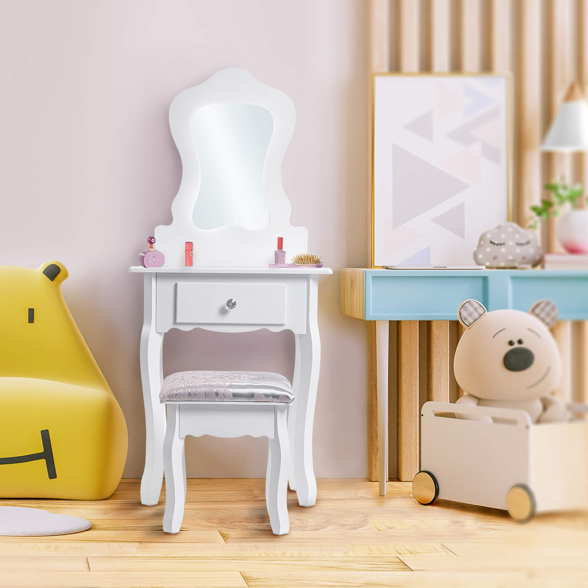 Toaletka kosmetyczna Schio z taboretem dla dzieci 115 x 50 cm, biała