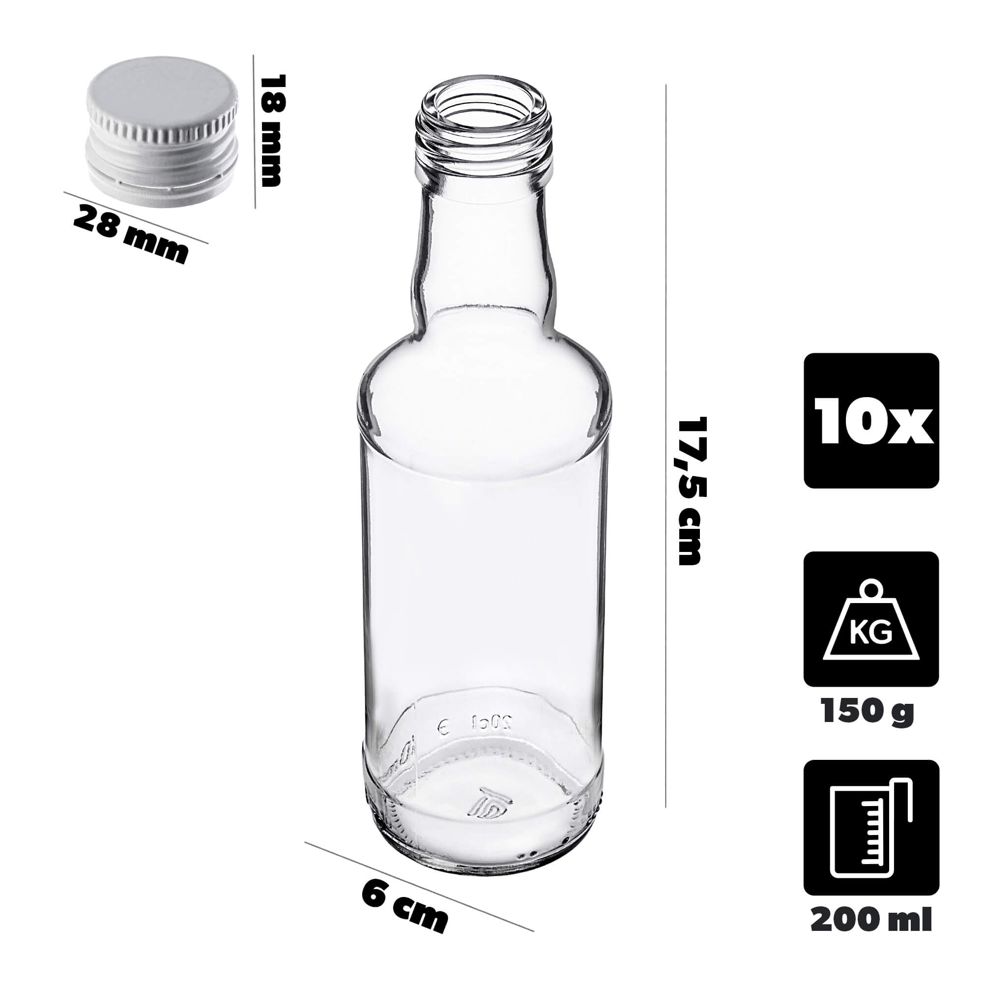 Szklana butelka Monopol 200ml z białą zakrętką 10 szt.