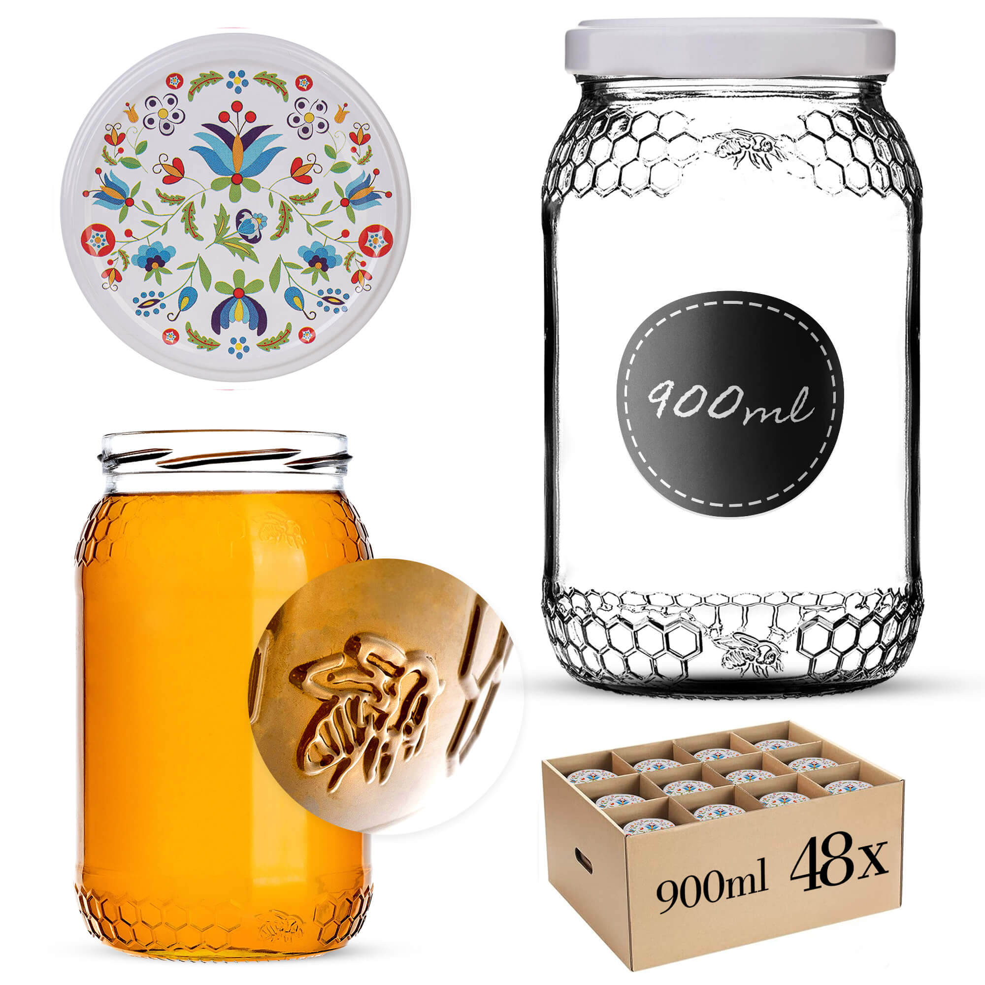 Szklany słój Lierde 900ml 82mm 48 szt. + wieczka "Kaszubski folklor"