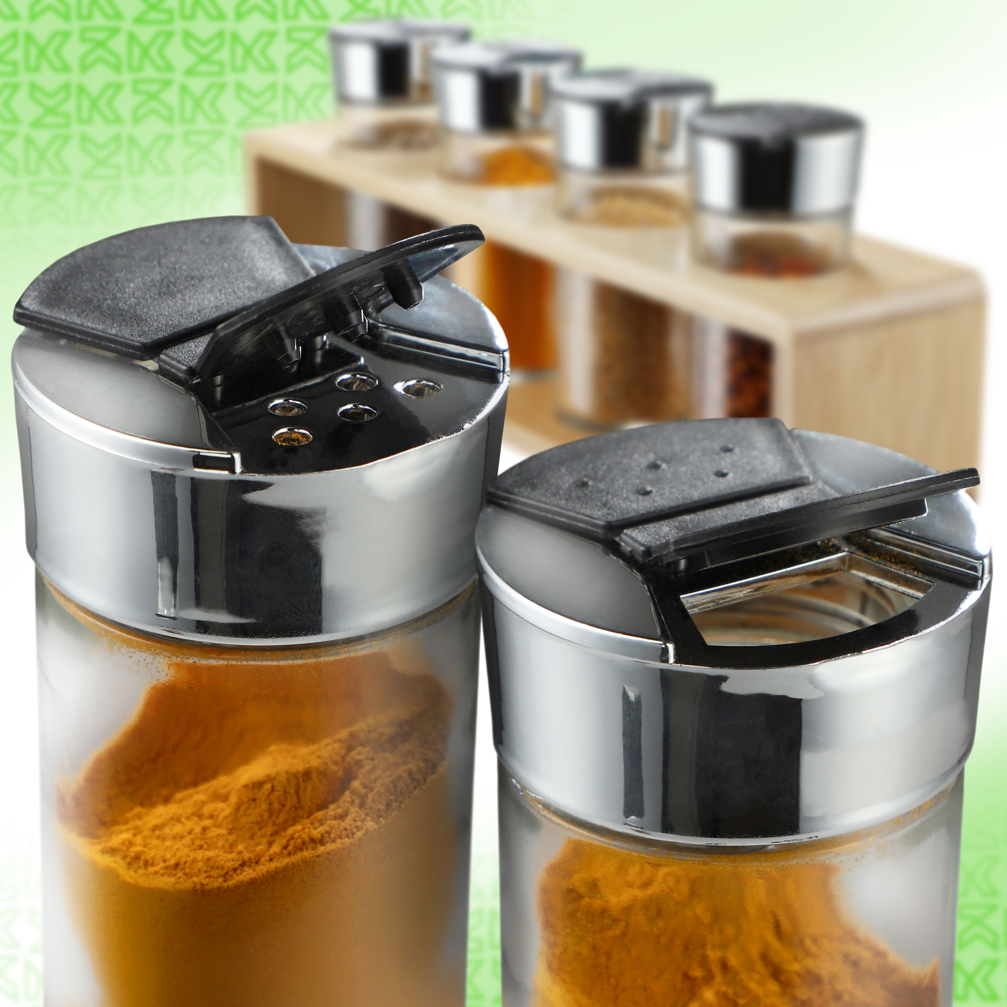 Komplet przyprawników z bambusową podstawką 4 szt.