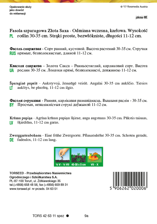 Fasola zwykła karłowa szparagowa żółtostrąkowa Złota Saxa 50g