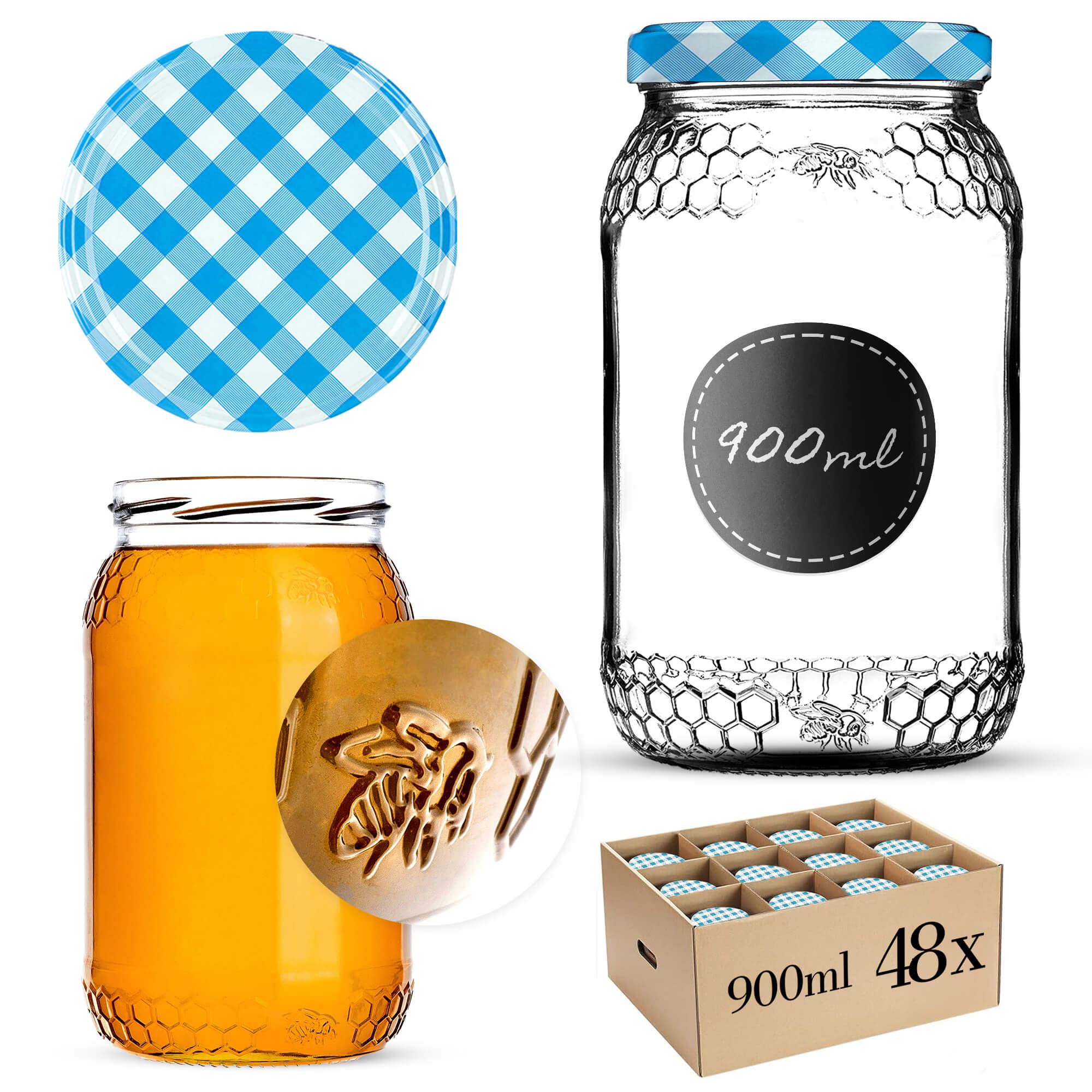 Szklany słój Lierde 900ml 82mm 48 szt. + wieczka "Niebieska krata"