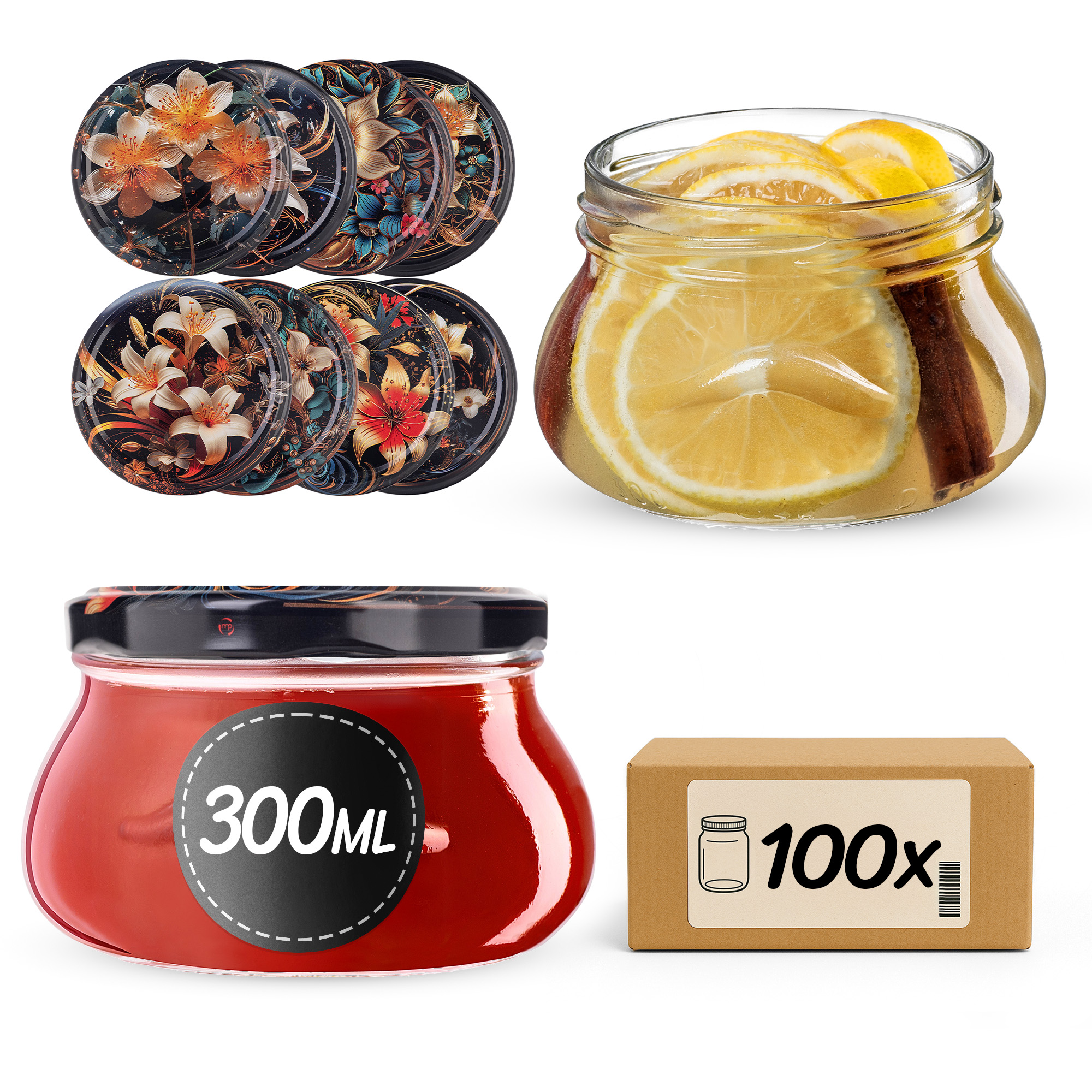 Słoiki na przetwory Raja 300ml fi82mm 100szt + wieczko Kwiaty