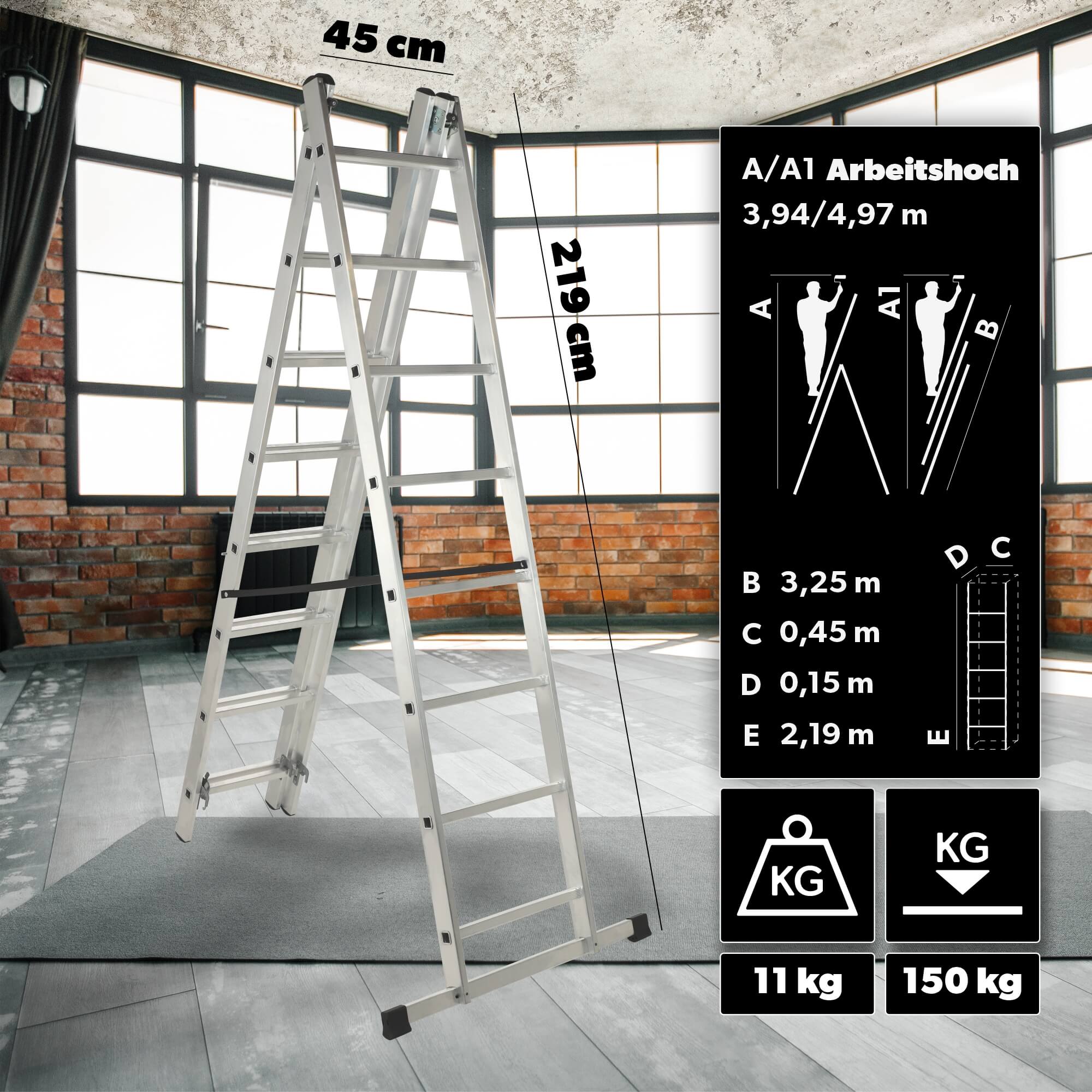 Drabina aluminiowa wielofunkcyjna Holem, 8 stopni, 150 kg