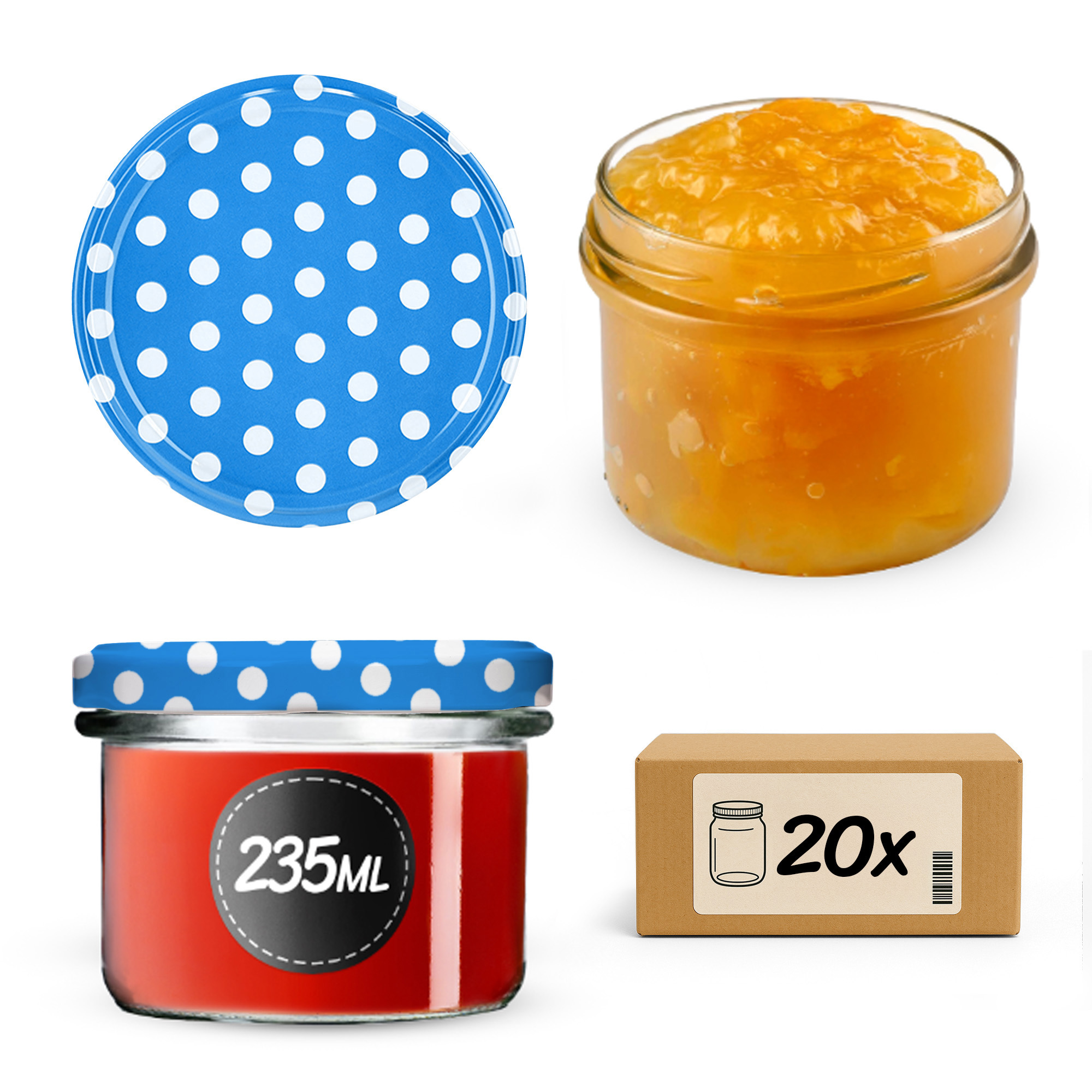 Słoiki na przetwory Tartu 235ml fi82mm 20szt + wieczko Groszek niebieski