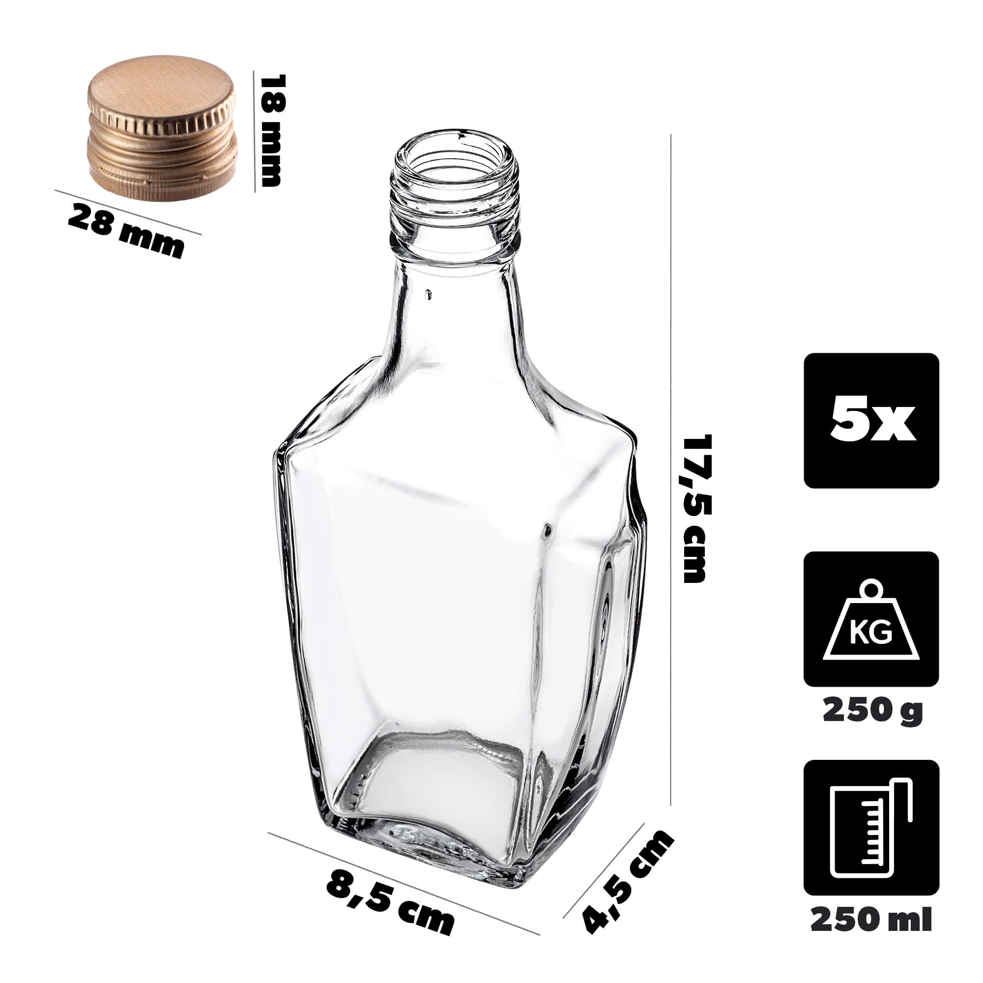 Szklana butelka na nalewkę Faenza 250ml ze złotą zakrętką 5 szt.