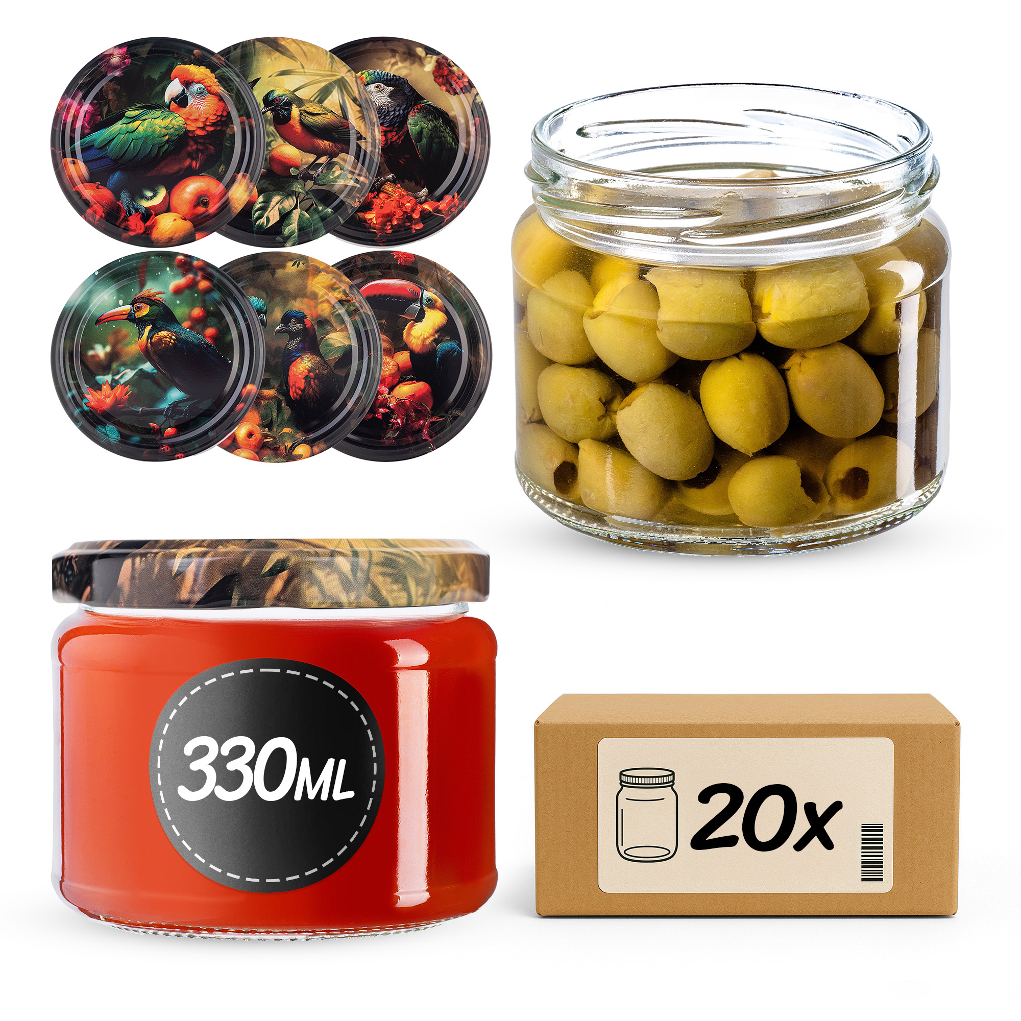 Słoiki na przetwory Sonka 330ml fi82mm 20szt + wieczko Ptaki