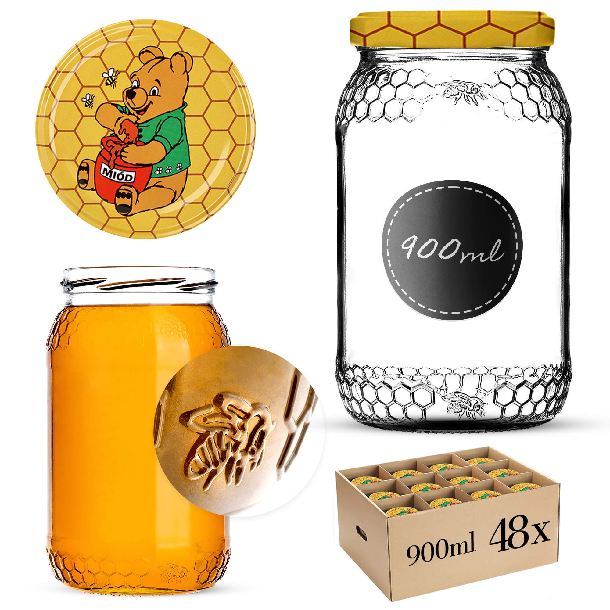 Szklany słój Lierde 900ml 82mm 48 szt. + wieczka "Miód"