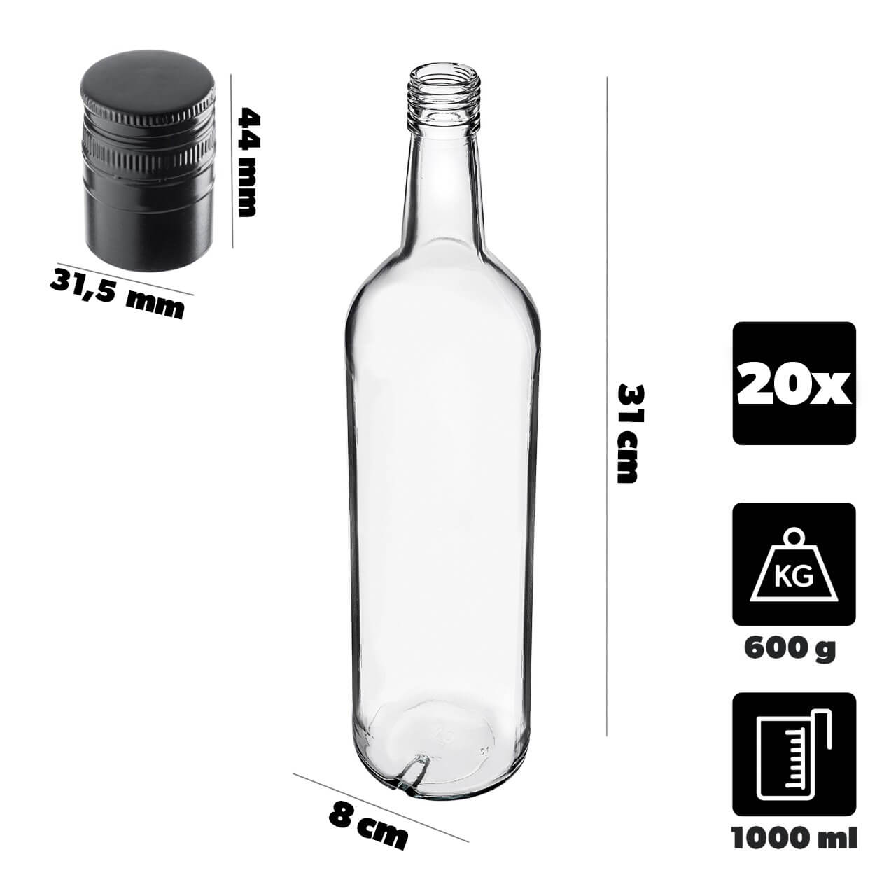 Szklana butelka Monopol 1000ml z długą czarną zakrętką 20 szt.