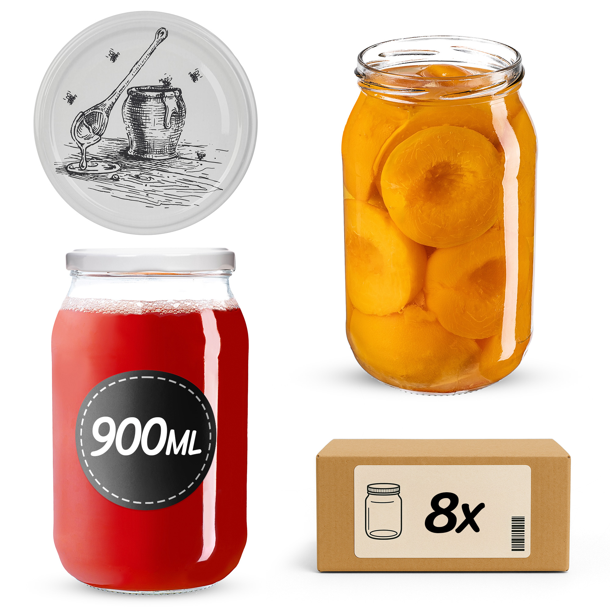 Słoiki na przetwory Simo 900ml fi82mm 8szt + wieczko Pszczoła