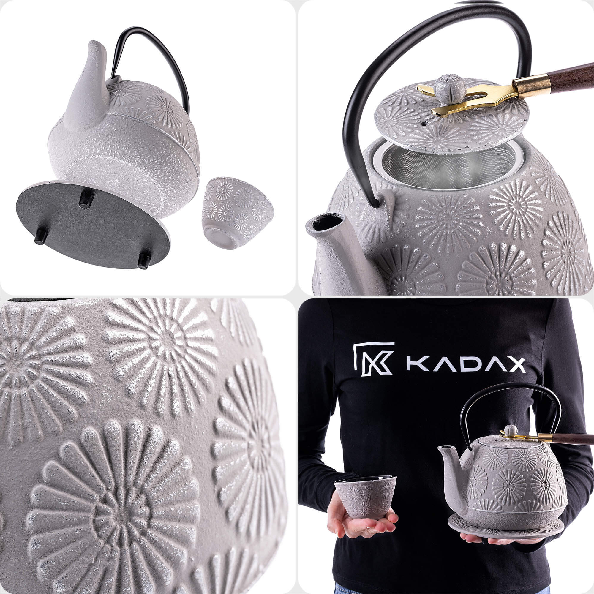 Czajnik żeliwny z czarkami i zaparzaczem Genua biały