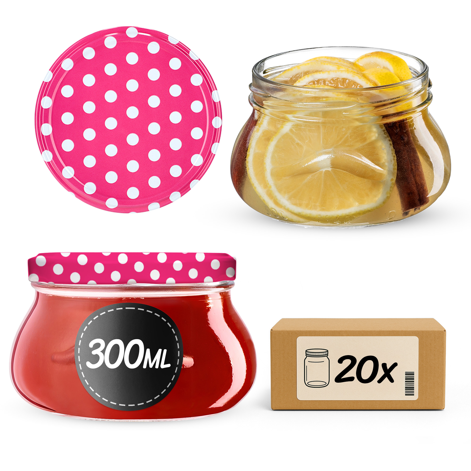 Słoiki na przetwory Raja 300ml 20szt 82mm + wieczka "Różowy Groszek"