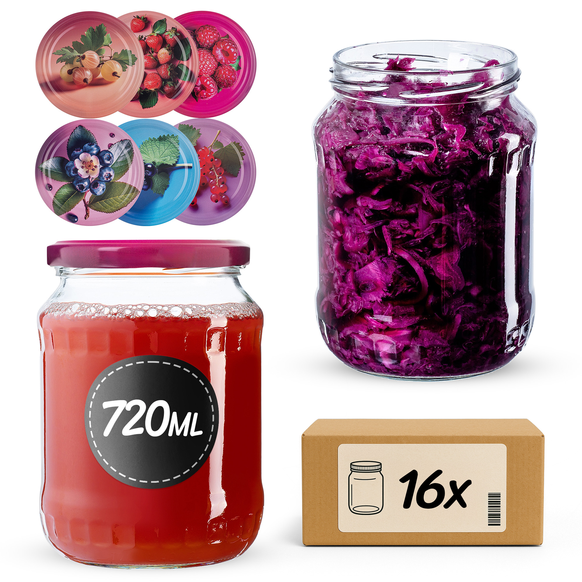 Słoiki na przetwory Jukka 720ml fi82mm 16szt + wieczko Jagodowy mix